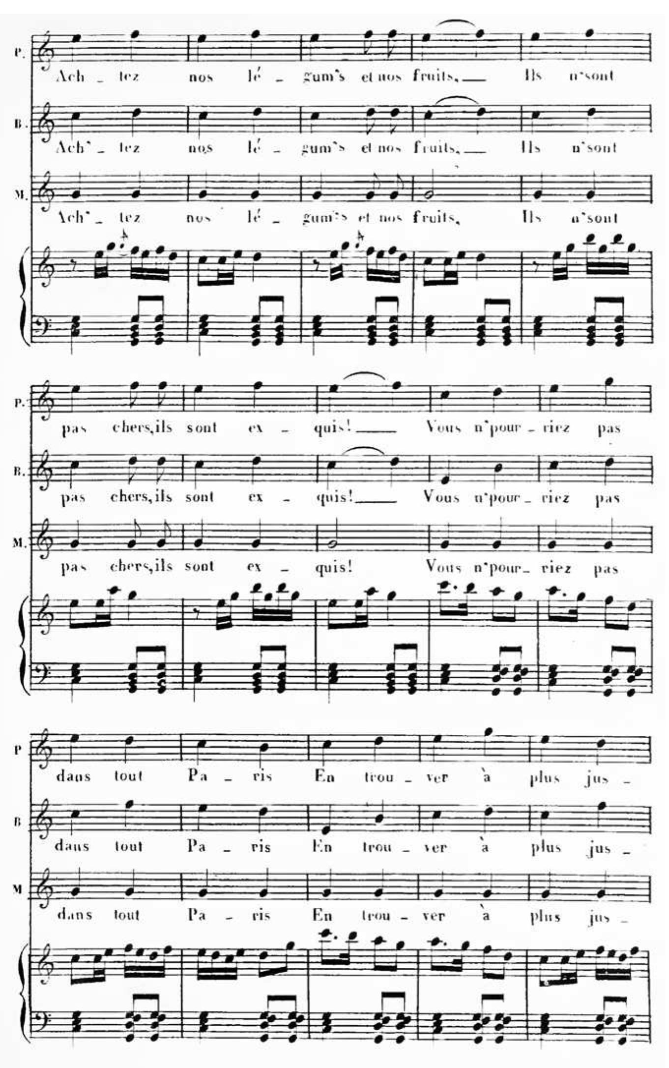 Four of them retain a common melodic contour: an upwards leap followed by a stepwise descent in faster note values. In Offenbach’s score, the marchande’s soprano voice is the operetta’s first solo line, which immediately follows the choral refrain (see Ex. 2). 
