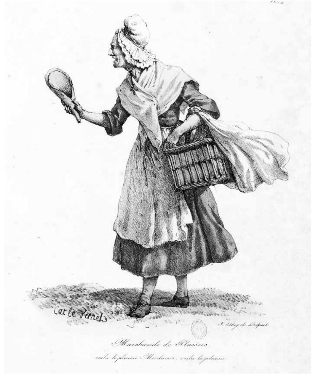 AAALLILUILIL sillit LU UI UVilitildalitl VIF, LlitY Abt iis AT ahiadjyVr ALICIUEY > ASEUIIINS a prLtrr'! ourth and descending stepwise, would be clearly recognizable to anyone who leafec hrough Kastner’s book, or who paid close attention to the sounds of the outdoor market  The marchande de plaisir has a long history as a sonic emblem of the Parisian vorking class. As Kastner writes, the arch-like song of the marchande de plaisir did not hange much over the three-century long history that he narrates in his book. However isual representation of this unique street vendor has varied widely within the nineteenth entury. Critics like d’Ortigue, who claimed to have «recognised» some of the cries hearc a Offenbach’s operetta, may have also encountered a rather diverse array of images vritings and theatrical works featuring the marchande de plaisir. This female vendor took mn a mythical status in the French capital, and was portrayed as either a haggard womar vith a witch-like nose who scared children or as a young belle who attracted them. Car fernet’s colour lithograph of the marchande de plaisir, published in his widely distributec  815 collection Les Cris de Paris, portrays an old merchant attempting to hustle a custome vho is out of view.  who 1s out of view.  Int. 2: A «marchande de plaisir» in Carle Vernet’s Cris de Paris, 1815, Bibliothéque nationale de France (<www.gallica.bnf-fr>). 