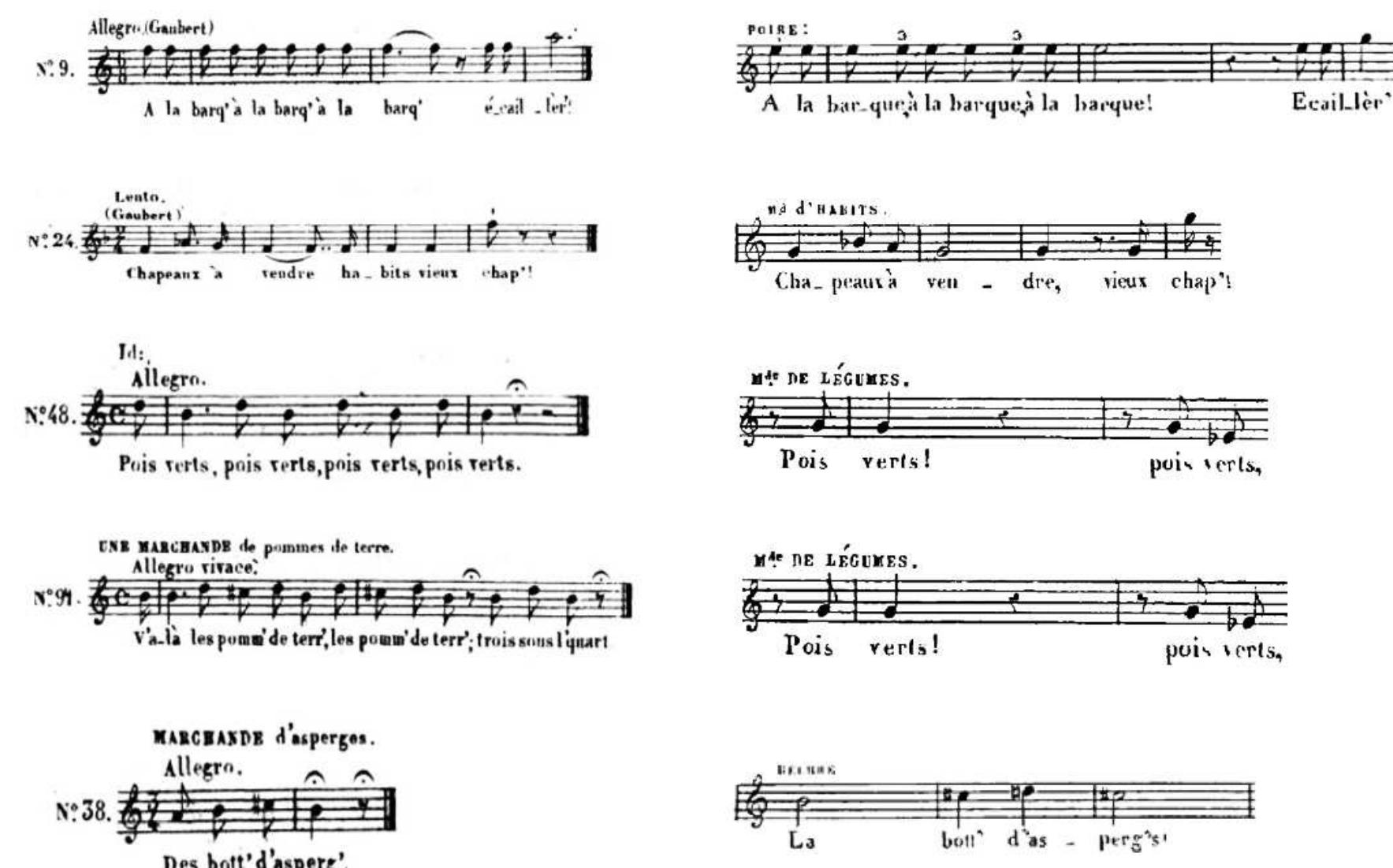 Int. 4: Left: excerpts from Kastner’s Les voix de Paris, 1857. Right: excerpts from the vocal score of Offenbach’s Mesdames de la Halle, 1858.  STREET CRIES ON THE OPERETTA STAGE: OFFENBACH’S MESDAMES DE LA HALLE (1858) 