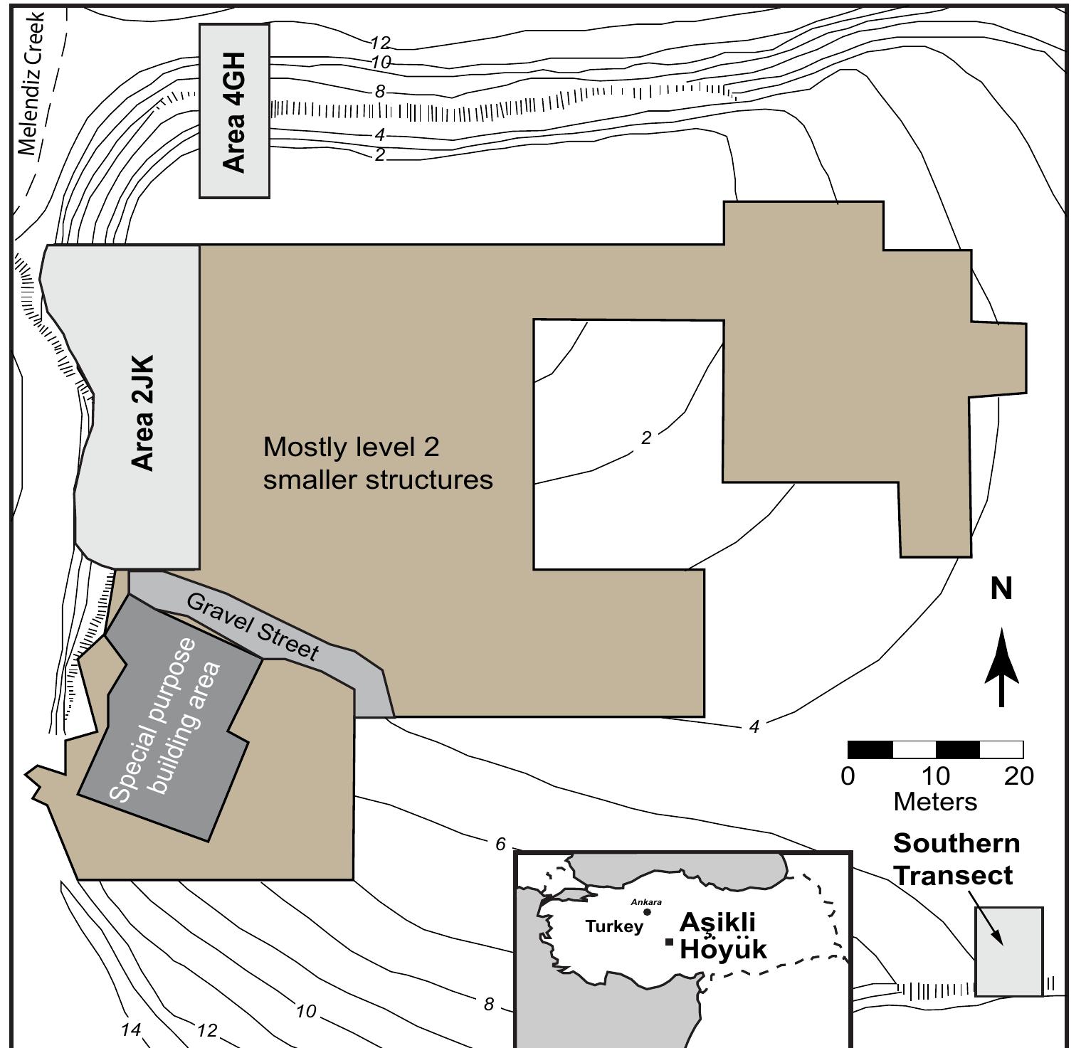 Fig. 1. Map of Asikli Héyiik excavation. Map showing excavation areas and sampling locations at Asikli Hoyuk. Three areas of sampling mentioned in the text (light gray areas) include area 4GH, area 2JK, or the west wall, and southern transect. Modified from Quade et al. (8). 
