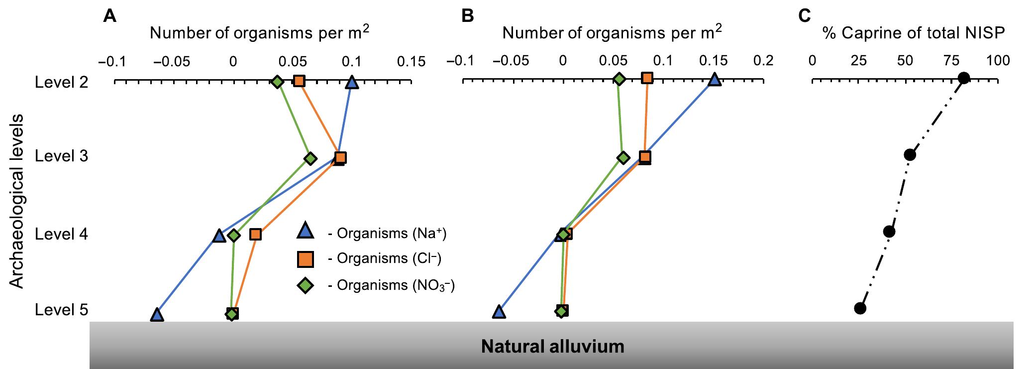 Fig. 6. Model-predicted densities (organisms per square meter) of organisms required to produce urine-related [Na‘], [CI"], and [NO3_] found at Asikli Héyiik, averaged across specific time intervals (levels 5 to 2). (A) Assuming a constant sedimentation rate over the entire period of occupation and (B) using variable sedimentation rates based on carbon-14-dated level boundaries (8). Densities of <0 indicate that conservative estimates of other inherited, anthropogenic, and post- depositional sources of soluble salts account for total [Na*], [CI"], and [NO3] observed in the refuse. (C) Relative abundance [percentage of the total number of identified skeletal specimens (NISP)] of caprines in the vertebrate faunal assemblages averaged by level [updated from (7) from Asikli Hoytik]. 
