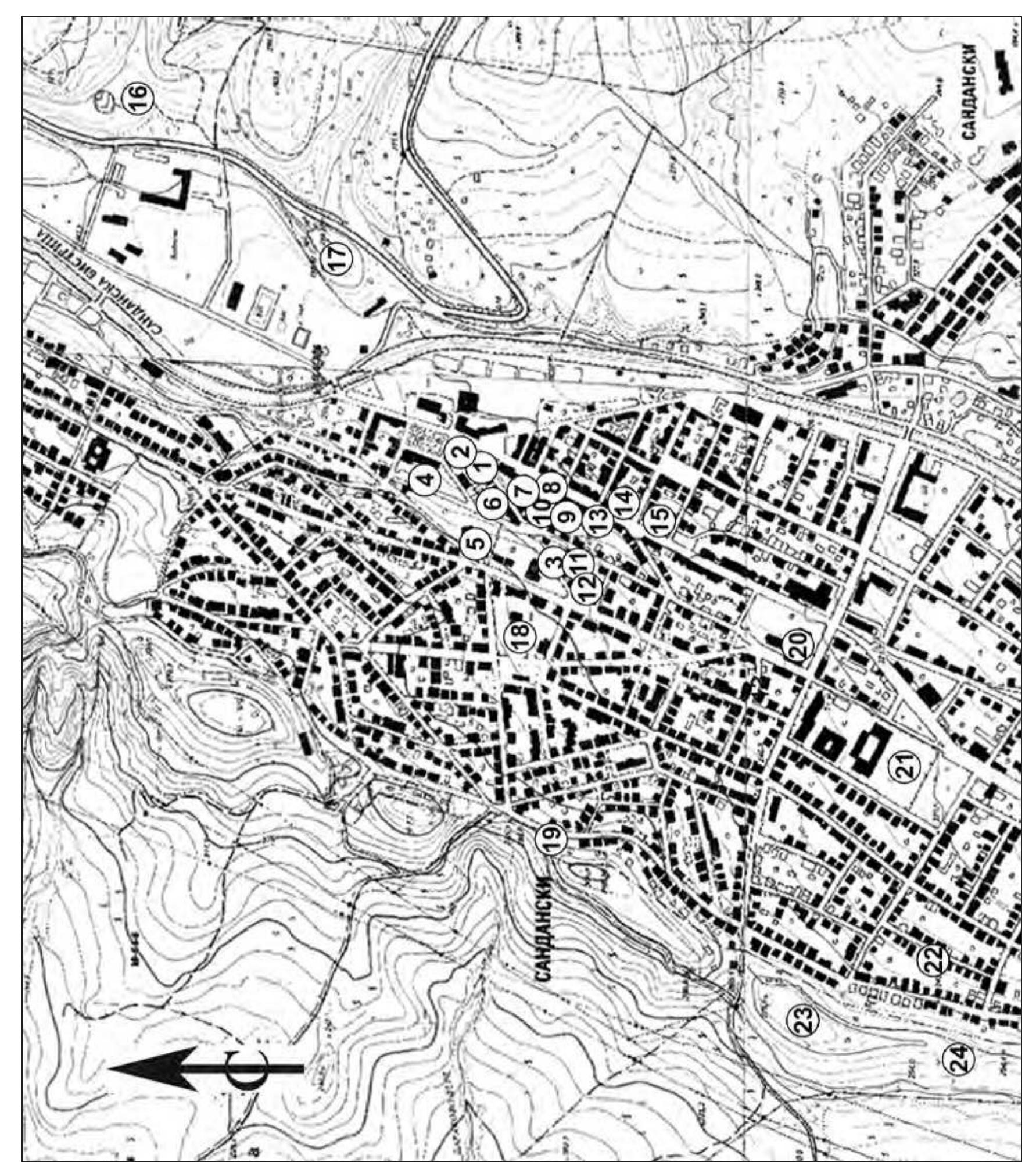 Map 1. Location of archaeological sites registered on the territory of Sandanski on a topographic map; scale 1:5000 (author: M. Zlatkov) 
