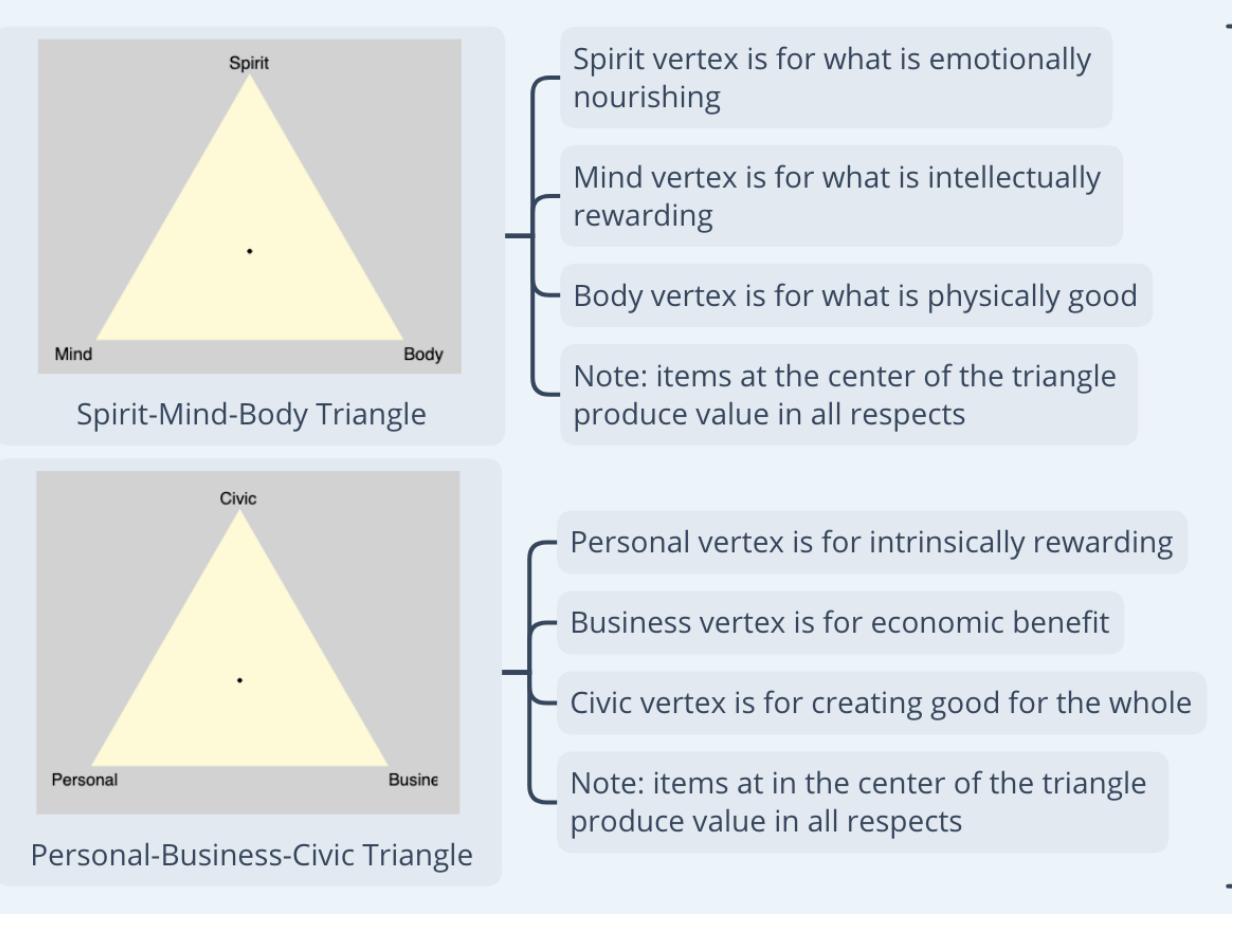The following diagram illustrates a simple drag-and-drop interface for populating a valuing triangle — showing each item that a sentient being values, and why. 