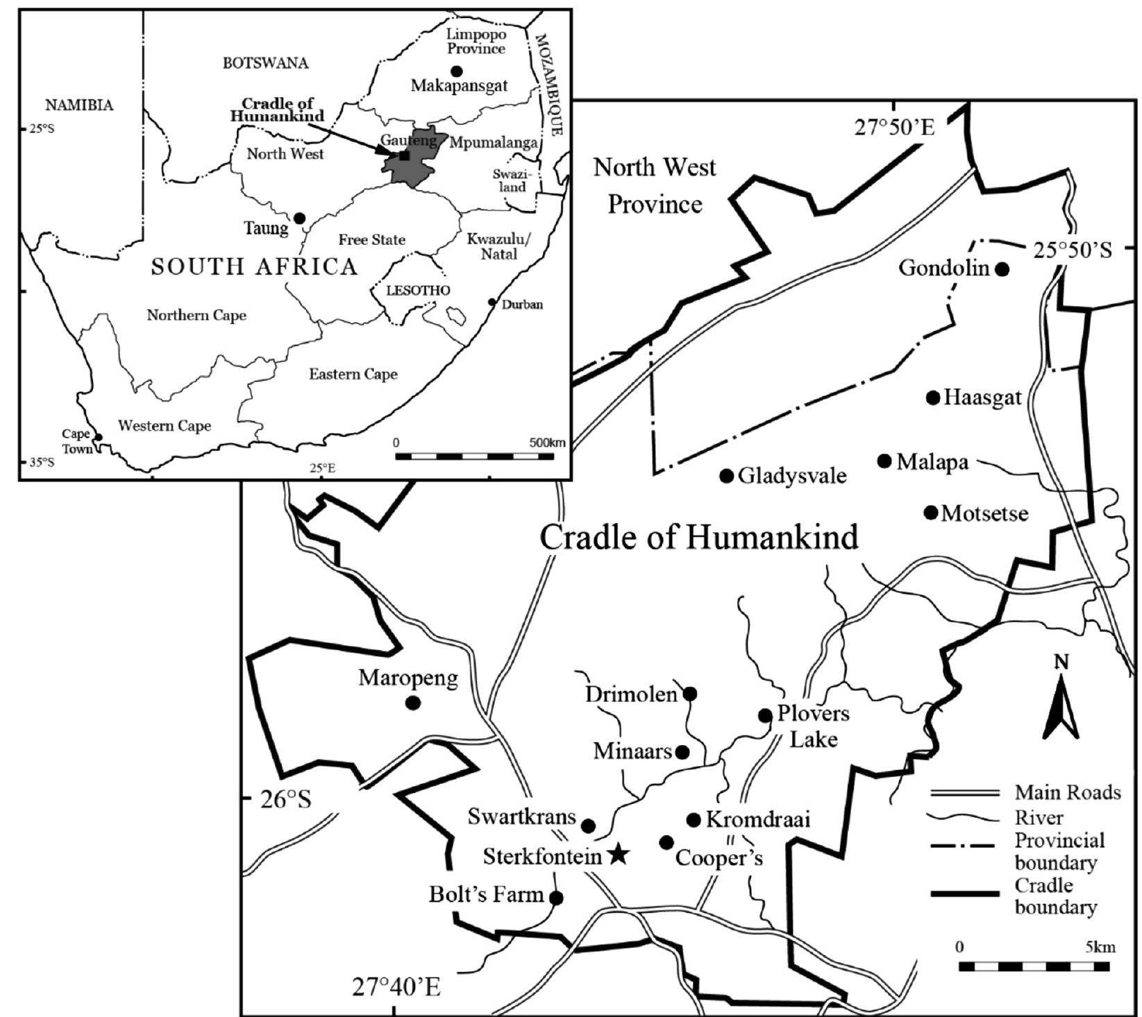 FIG. 1. Map of the ‘Cradle of Humankind’ including the two satellite sites — the Makapan Valley and Taung. 