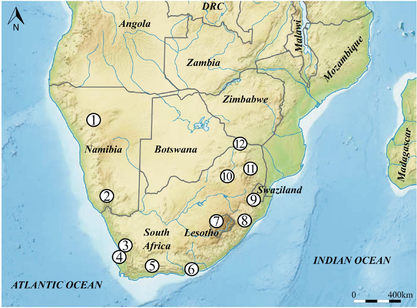 FIG. 2. Southern Africa with sites and regions mentioned in the text: 1, Brandberg; 2, Apollo 11 Cave; 3, De Hangen; 4, Eland’s Bay Cave; 5, Boomplaas; 6, Robberg Peninsula, Plettenberg Bay and Matjes River Rock shelter; 7, Rose Cottage Cave; 8, Thukela Basin; 9, Border Cave; 10, Magaliesberg (Jubilee Shelter and Cave James); 11, Heuningneskrans; and 12, middle Limpopo Valley. 