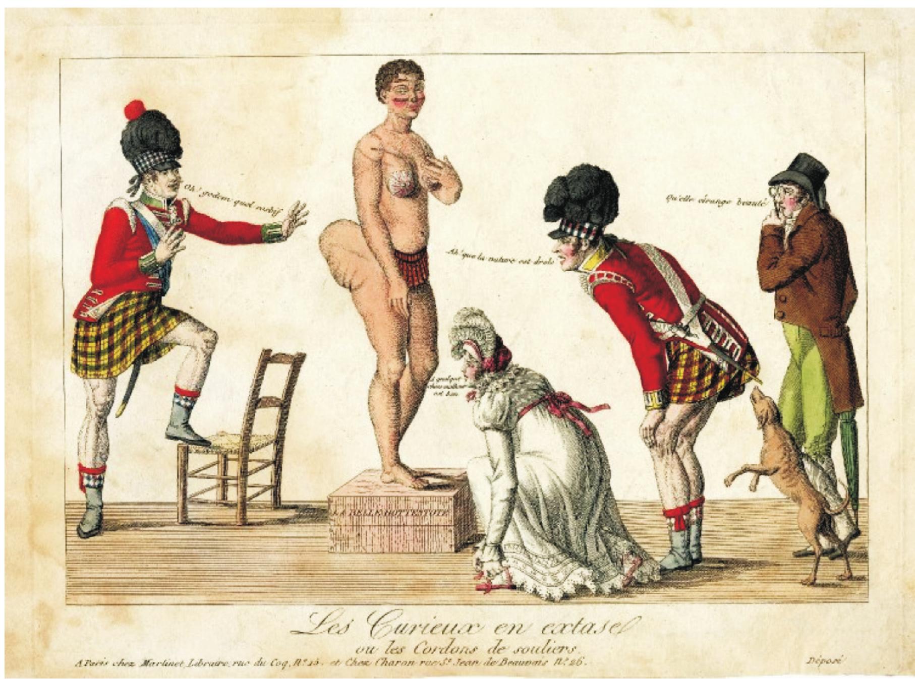 FIG. 4. An early (c. 1812) 19th century depiction of Sarah Baartman titled Les Curieux en extase, ou les Cordons de souliers. Original print is stored at the Bibliotheque National, Paris (Ouzman 2005). 