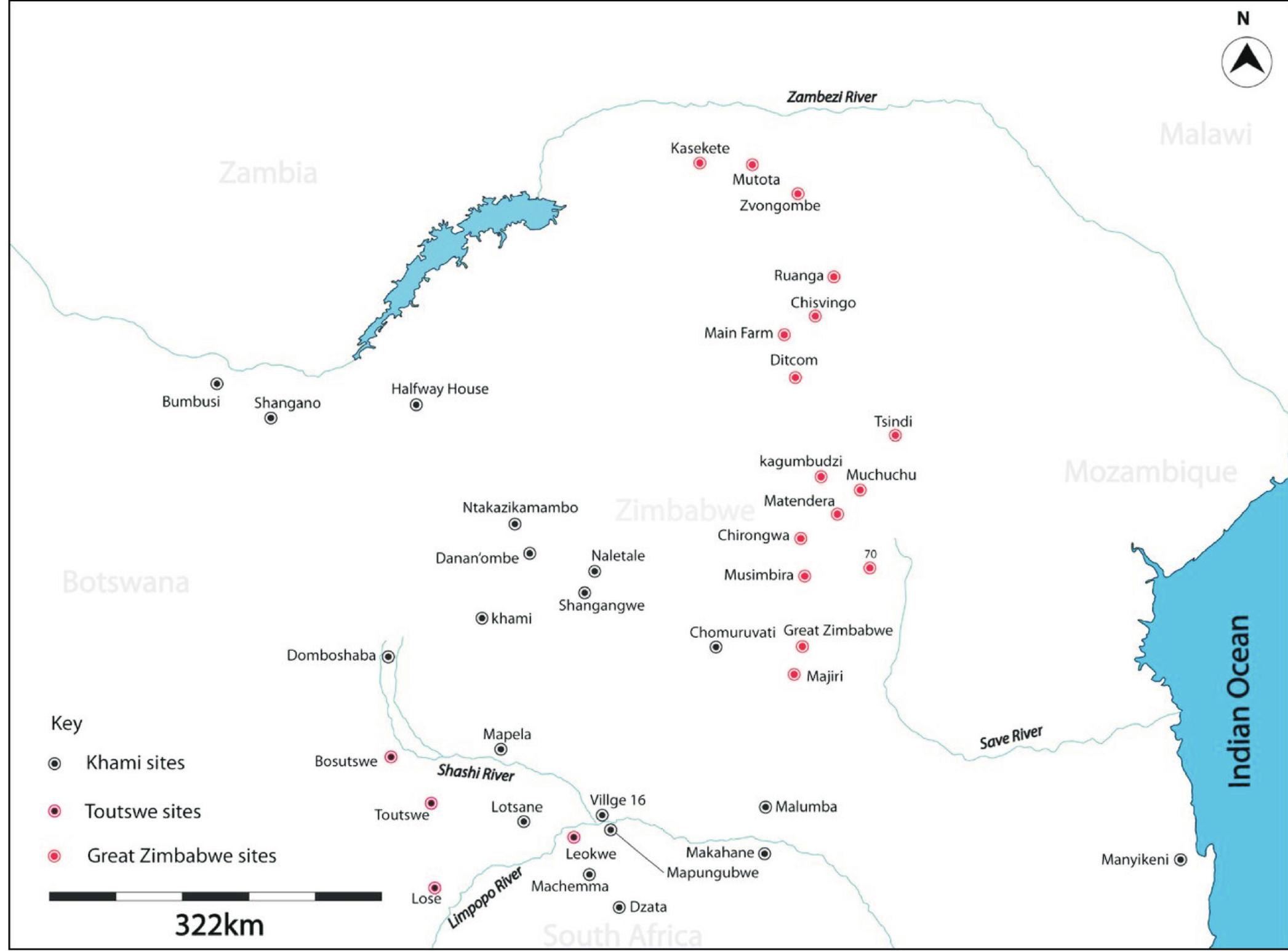 FIG. 1. Zimbabwe and Khami phase sites, some of which are mentioned in the text.  Systematic research at Mapungubwe is associated with the work of Leo Fouché (1880-1949), who conducted various expeditions between 1933 and 1940 (see Fouché 1937; Meyer 2006). His work was complemented by that of Clarence van Riet Lowe, Neville Jones, and ceramic specialist John Schofield. From then on, the government of the Union of South Africa (1910-1948) began to take a keen interest in the archaeological work at Mapungubwe and regarded it “[...] as a matter of  The Mapungubwe Cultural Landscape is a significant site because it is associated with the development of socio-political complexity in southern Africa. The evolution of the state at Mapungubwe was a gradual development, which began during the 11th century to probably the 14th century, and beyond (see Manyanga 2007). Mapungubwe Hill and its trea- sure were well known to African communities who lived in the area of the Shashe and Limpopo valley. It was regarded as a sacred place by the local African people, and this kept the site intact through a system of taboos and prohibitions associated  