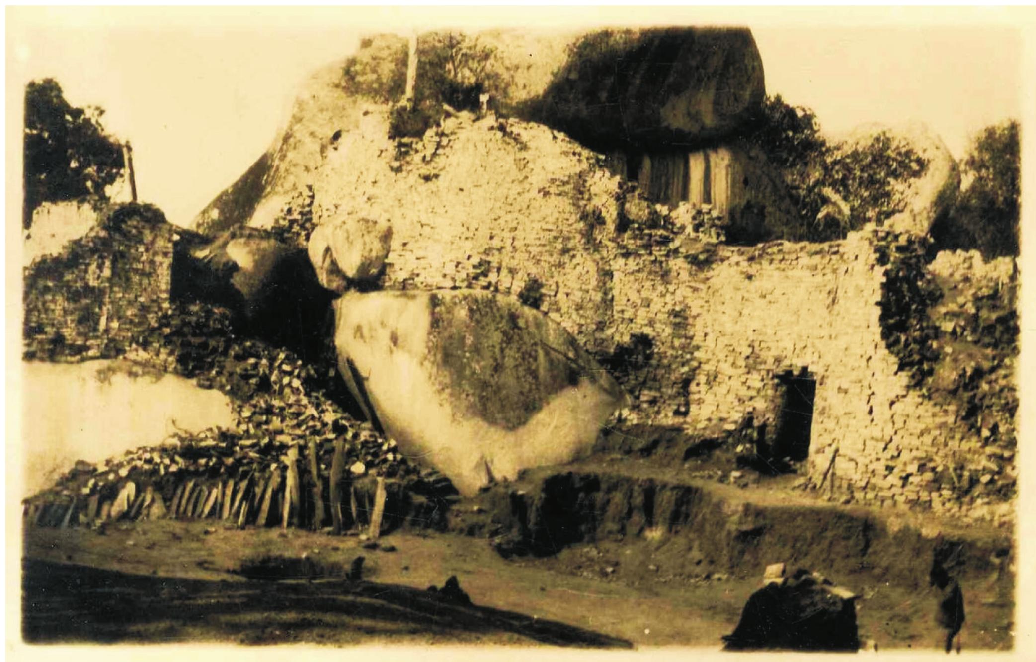 FIG. 4. Vandalised deposits in the Western Enclosure at Great Zimbabwe showing in excess of 2 m of cultural deposit that was cleared; in contrast, Mapungubwe was seen as providing a more secure deposit. (Photograph: Posselt 1908; courtesy of NUMZ, Great Zimbabwe Conservation Centre Archive.) 