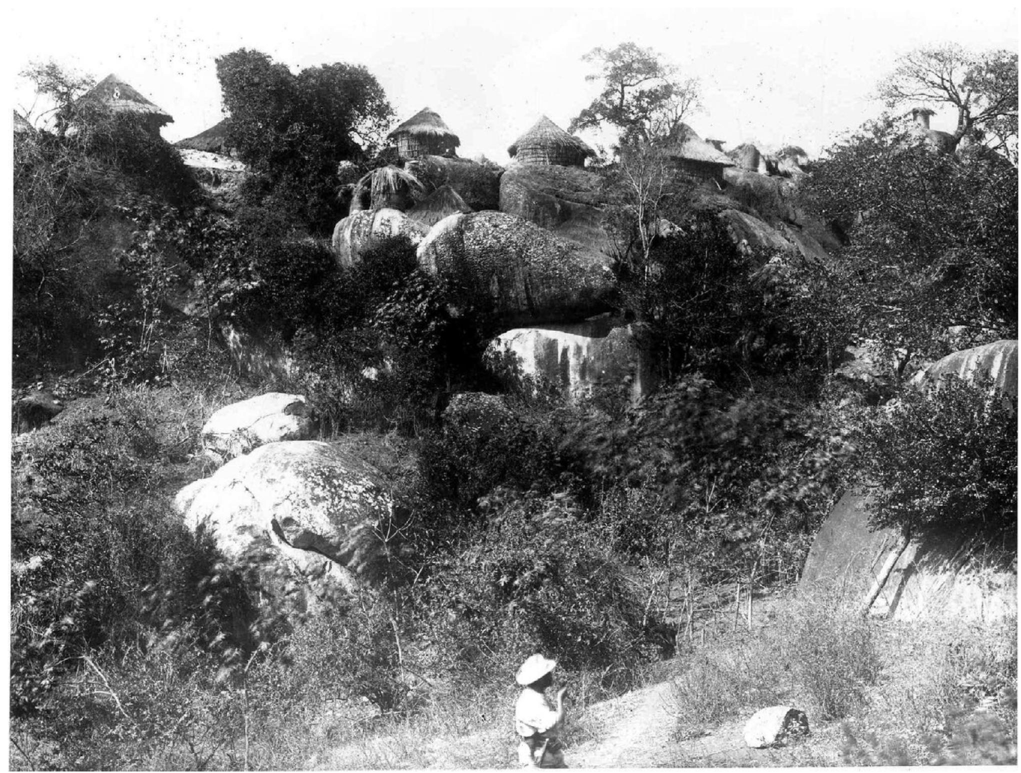 FIG. 5. Chief Mugabe's village on the Acropolis at Great Zimbabwe in 1890, evidence that Great Zimbabwe was occupied by Shona people in the 19th century. (Photograph: courtesy of NUMZ, Great Zimbabwe Conservation Centre Archive.) 
