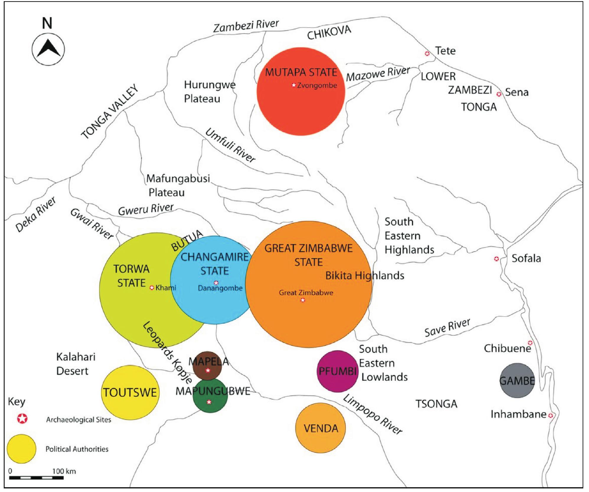 FIG. 6. Early political centres in southern Africa during the second millennium AD (adapted from Beach 1984): Mapela was regarded as a major political centre, an idea reinforced by recent archaeological studies. 
