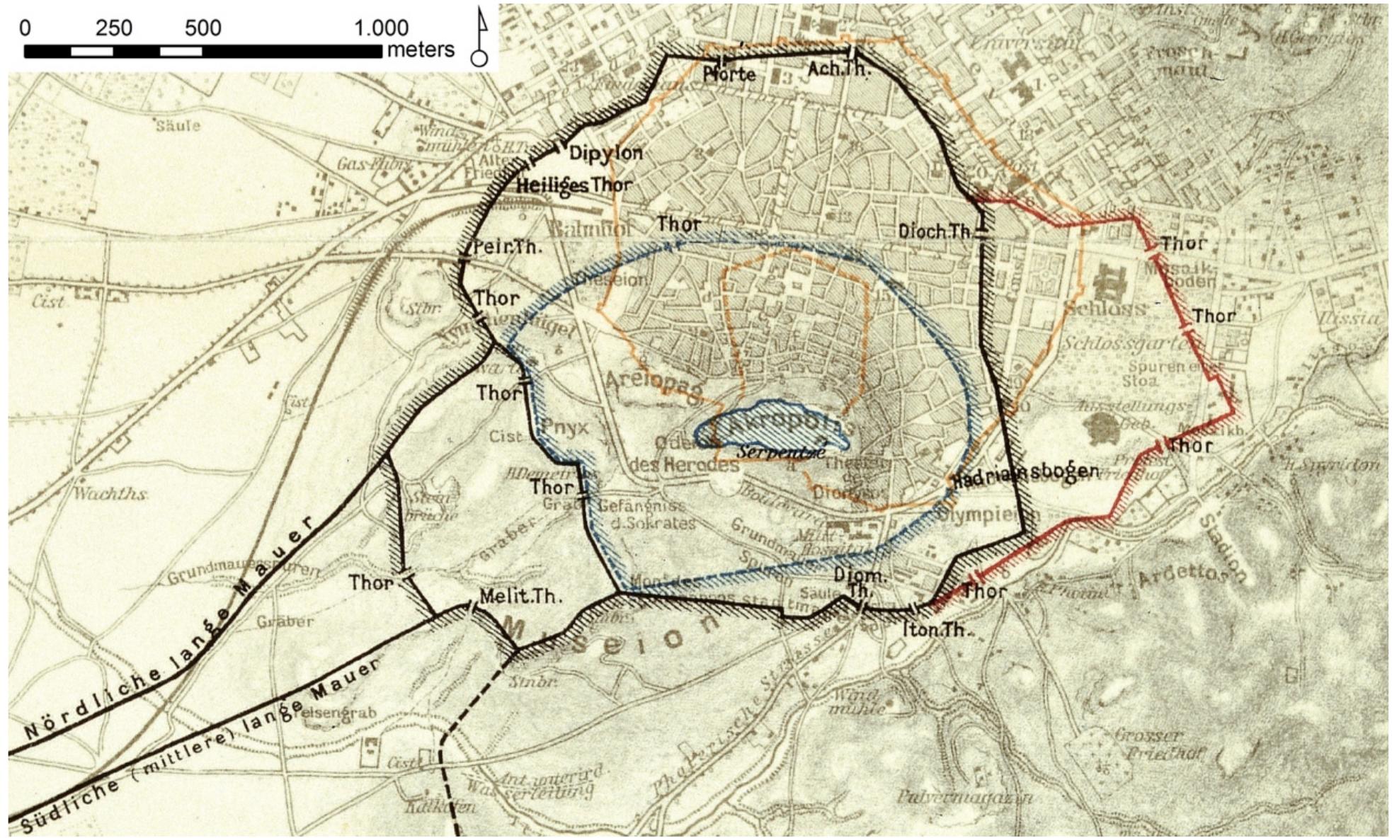 Figure 1. Georeferenced detail of map by Judeich [1931: Plan IV] depicting the estimated courses of successive
fortification lines.
