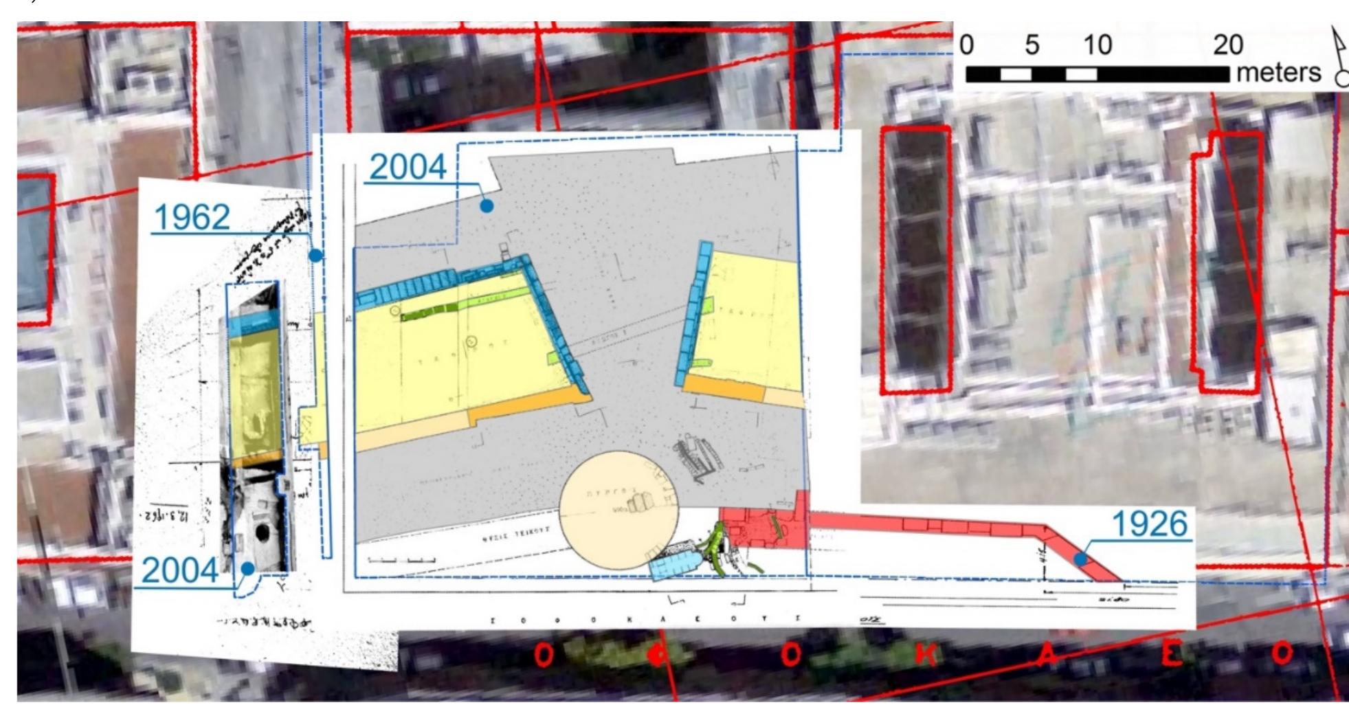 The goal of this part of the project is to specify the exact location of the archaeological interventions
that retrieved fortification remains—regardless of the type of preservation—on the modern city
canvas. The excavation plans that accompany archaeological reports have been registered as
accurately as possible with respect to the layout of the modern city. Their graphical information is
broken up into features of interest (e.g., wall, moat, drain), that have been individually vectorized (Fig.
DY.
 Figure 2. Sophokleous and Aiolou Streets. Digitized excavation features on top of original georeferenced
excavation plan drawings and orthophotos from four distinct archaeological interventions. Basemap data
include the cadastral distribution by the Ministry of Public Works 1972-76.
