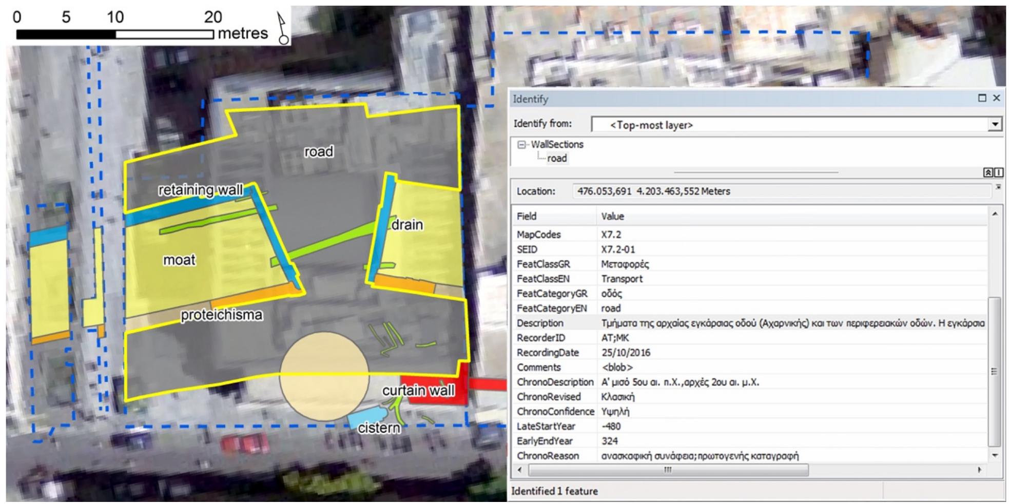 features of interest mentioned in the excavation report and to situate the boundaries of the
intervention, in order to associate excavation information with specific locations. Every feature
located and mentioned in a site report is then supplemented by thematic and chronological
information, state of preservation and present condition assessment allowing their exploration and
on-screen selection on the map (Fig. 3).
 Figure 3. Sophokleous and Aijolou Streets. Digitized excavation features labeled by type. Example of on-screen
selection and display of thematic attributes.
