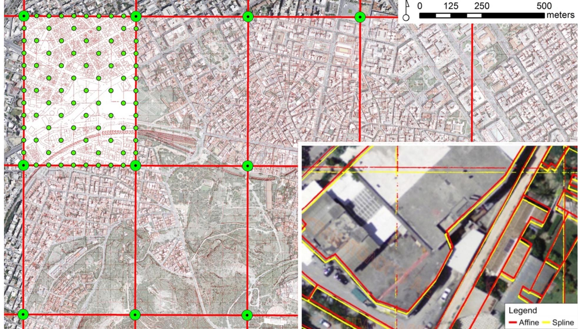 Figure 4. Part of the georeferenced raster collection of the 1972-76 cadastral distribution (Ministry of Public
Works) for the center of Athens. Distribution of points used in the georeferencing process is indicated at the
top left map sheet, while the results of spline and affine transformations are compared in relation to satellite
imagery (detail at bottom right).
 the 130 intersections in each map sheet, 86 can optimally be used in order to achieve a mean RMS
error less than the minimum mapping unit, which derives from the scale of the map sheets. The
spline transformation is considered as the most suitable in order to fine-tune inaccuracies related to
inherent analogue map deformations or scanning related distortions. Owing to the equal distribution
of the control points, this choice gives precise correspondence with the grid, avoids straight line
curvatures and allows for the seamless joining of adjacent map sheets (Fig. 4). The entire raster
collection provides a snapshot of the urban development in the 1970s and is directly comparable to
the fully orthorectified satellite imagery with GSD 0.20 m for urban/built-up areas of the country,
provided by the “National Cadastre and Mapping Agency S. <A”  (NCMA)
(http://gis.ktimanet.gr/wms/ktbasemap/). Their dataset is openly available and has been used as the
main satellite basemap in figures included here, unless otherwise stated.
