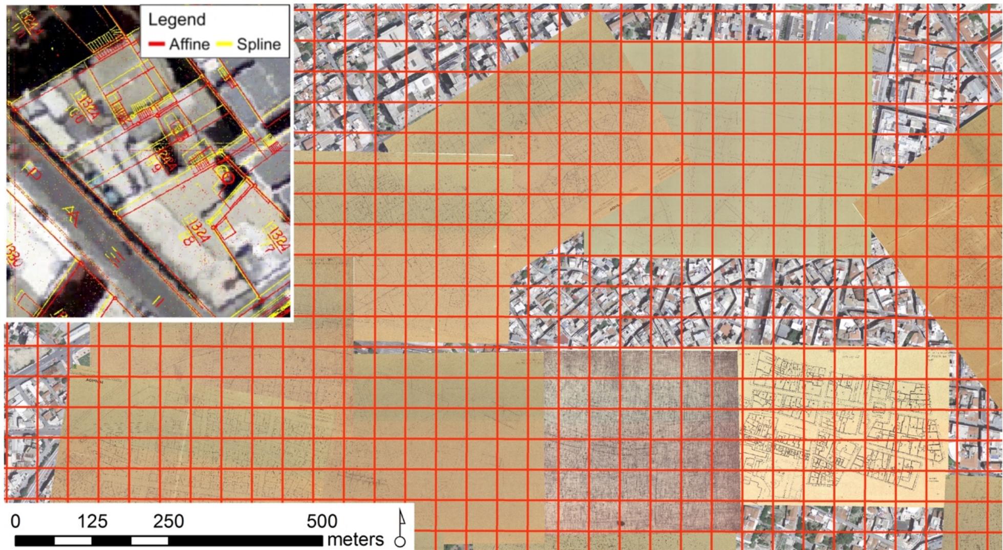 of the grid’s intersections on the map sheets with the corresponding on the re-projected grid,
achieving an average global affine “Root-Mean-Square” (RMS) error <0.50 m. The spline
transformation accounts for map deformations related to the bad condition of the originals (rips and
crumples). Having the same regular distribution of control points and using all available points
(usually between 45 and 56, depending on map readability), the spline function succeeded in
precisely placing the map grid points, while avoiding the addition of local noise (Fig. 5).
 Figure 5. Part of the georeferenced raster collection of the pre-1936 cadastral distribution (Division of City
Planning and Urban Development, MoA). Example of spline and affine transformations overlying the satellite
imagery (detail at top left).
