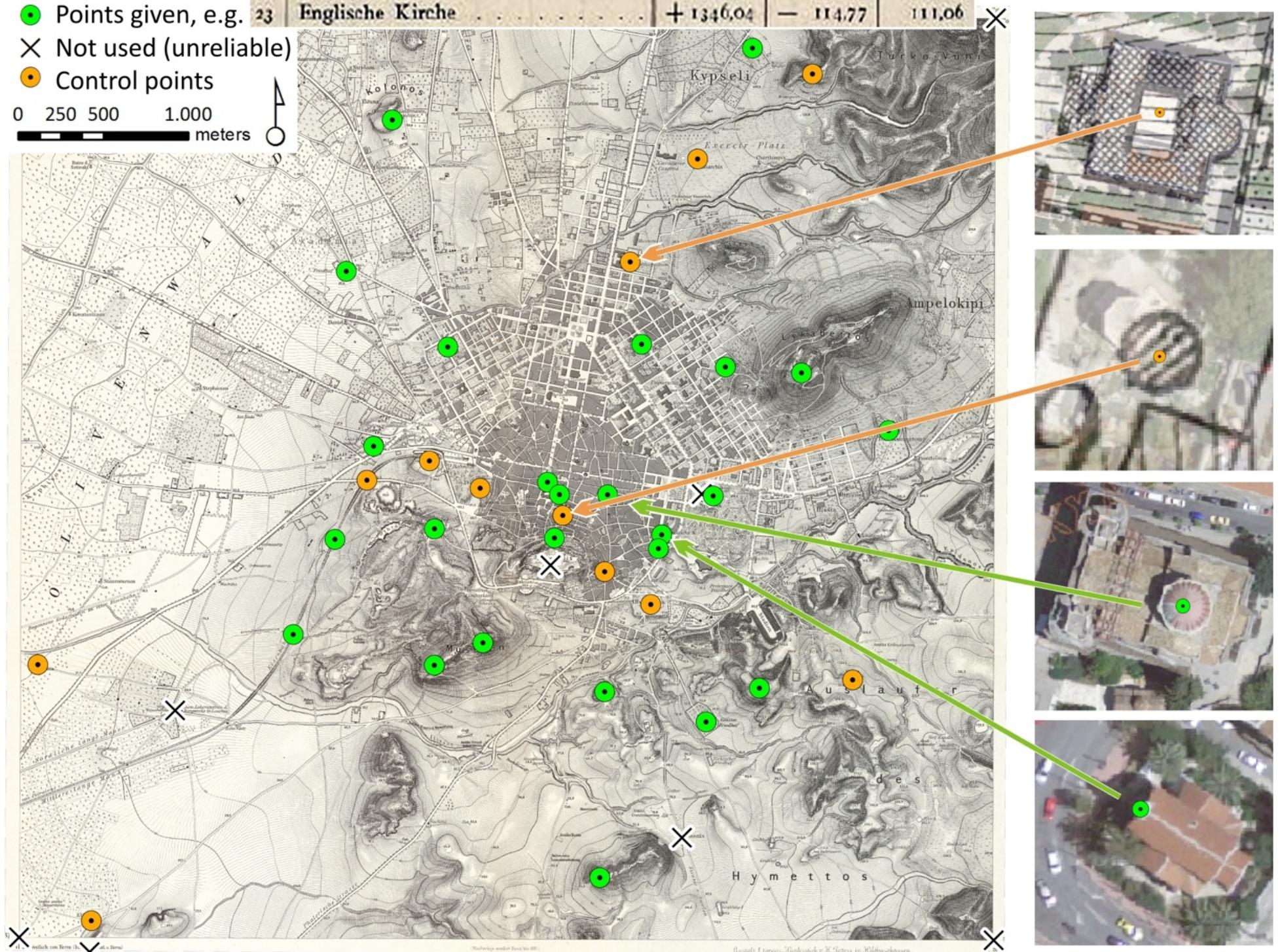 map and to avoid the generation of local distortion owing to the unequal distribution of the points
used. Using control points we were able to locate inherent inaccuracies that should be accounted for
the original measurement and map construction process, and not for the map transformation
method (Fig. 6).
 Figure 6. Georeferenced map sheet | from Karten von Attika [Curtius and Kaupert 1881]. Deviation of points
used in the transformation procedure and contro! points are displayed on the satellite imagery (at right).
