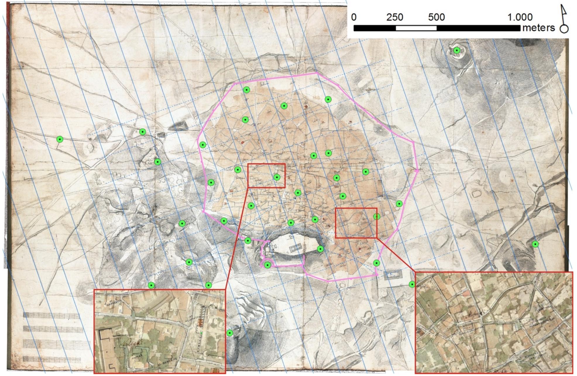 Figure 7. Georeferenced map of Athens by Kleanthis and Schaubert 1831-32 [Korres 2010]. The Haseki wall
line is depicted in pink. Map lines are highlighted in blue. Details display the correspondence of the
georeferenced map with satellite imagery.
 detected deformations of the map related to humidity exposure. A grid of 75 m was prepared to
correct the deformations related to humidity, using the intersections of the map lines. The spline
transformation was used to make sure that the intermediate distance between lines is kept equal.
The resulting map was georeferenced using around 40 ground control points, mostly monuments,
topographical features and street intersections that could be traced in the different successive
basemaps. The total affine RMS error was 2.75 m. The map demonstrates remarkable accuracy in
most parts of the city and has allowed us to digitize the course of the so-called Haseki Wall, built in
the Late Ottoman period and demolished soon after Athens became the capital of the newly founded
Greek state in 1834 (Fig. 7).
