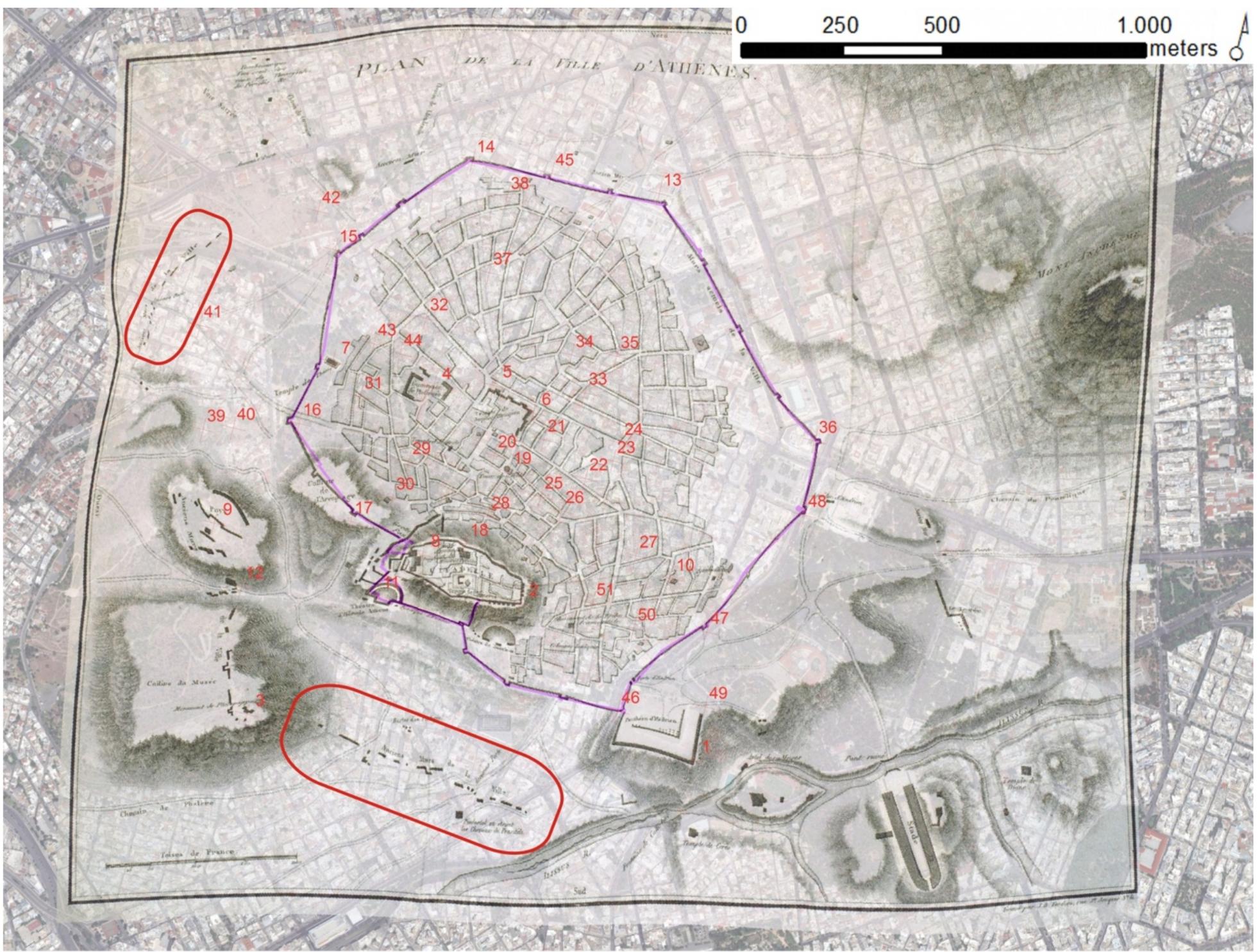 S. Fauvel [Olivier 1807: Pl. 49], dating ca. 1787, has been georeferenced by employing the trace of the
Haseki Wall, as digitized on the Kleanthis and Schaubert map, to limit edge effects and local
distortion. The spline function is used to optimize for local accuracy and maintain map continuity
and smoothness. The immediate gain, apart from a glimpse on the Ottoman town layout, is the
location of the surviving remains of the ancient walls indicated on the map. Obviously, additional
intermediate basemaps may produce more accurate results.
 Figure 8. Registration of map by Fauvel (ca. 1787) [Olivier 1807: Pl. 49] showing reference points and Haseki
Wall line (in pink) as digitized from the Kleanthis and Schaubert map. Surviving parts of the ancient wall are
indicated on the map.
