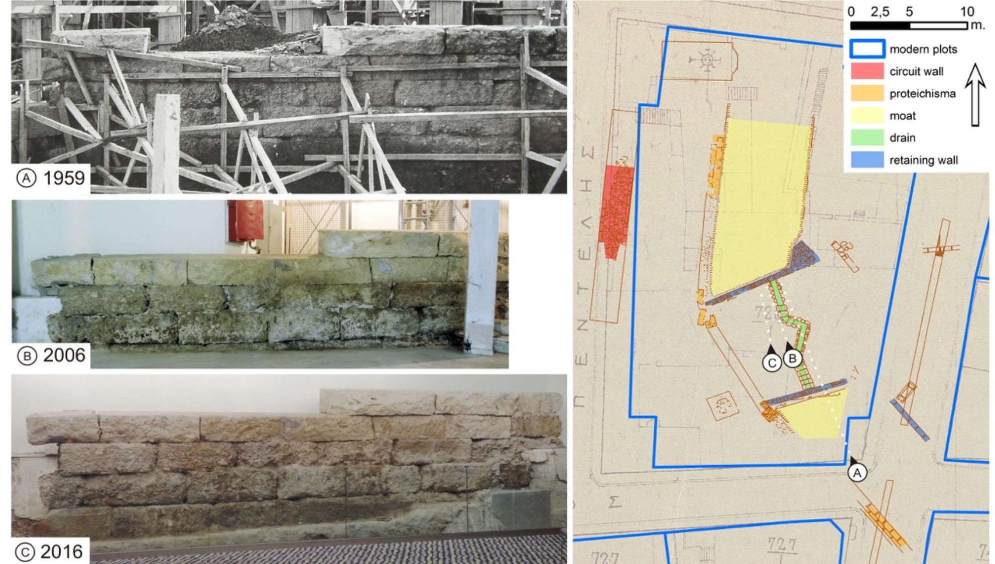 Figure 9. At right: Excavation plot on 15-17 Mitropoleos Street (1959). Camera positions are shown in relation
to surviving sections of the ancient fortifications and moat on top of a pre-excavation cadastral basemap
(Division of City Planning and Urban Development, MoA). At left: Photographs of the retaining wall of the moat
excavated in this plot document successive states of preservation: a) during construction of modern building
after the excavation of the plot (Archive of the Archaeological Society at Athens), b) in the basement of the
modern building [Theocharaki 2015: 318], and c) after recent renovation works in the same building to house a
hotel (photo by A. M. Theocharaki).
 Earlier evidence usually depicts surviving parts of the fortifications within their contemporary city
context; sometimes they also document the appearance of the surrounding landscape. More recent
evidence, especially video, often captures preserved remains for documentation purposes or during
city sight-seeing tours. Visual evidence, in particular, can be repetitive in the sense that it may
document different temporal benchmarks in the life-span of certain wall remains (Fig. 9).
