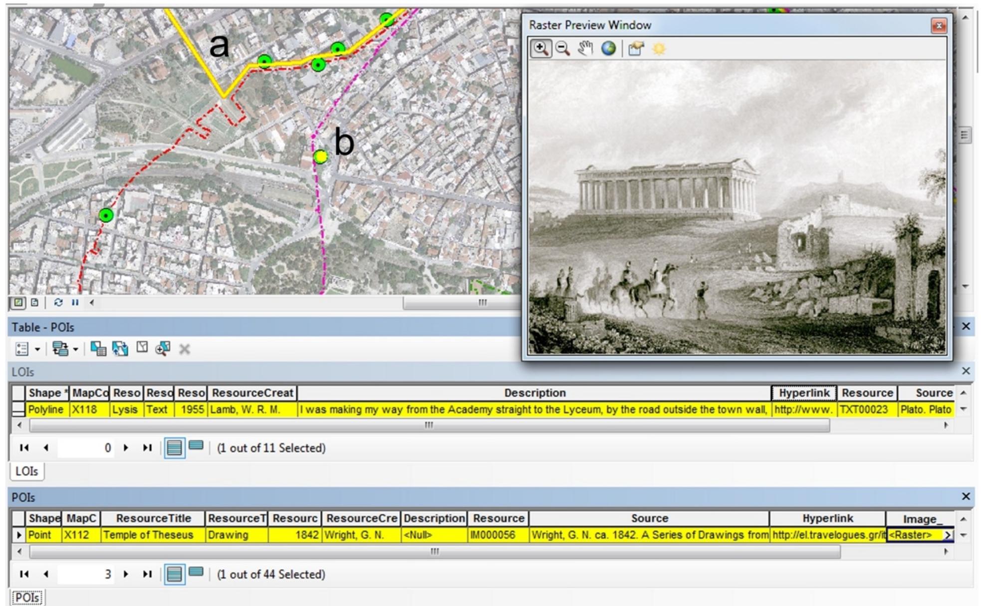 Interest” (POIs), associated with confined areas or specific locations, or as lines, associated with a
journey that follows the wall line or connects several parts (Fig. 10).
 Figure 10. Example of geotagging of historical evidence associated with different fortification lines (red: the
Themistoklean Wall, pink: the Haseki Wall, green: POIs): a) selected line highlighting the path taken by Socrates
along the outer part of the walls, as mentioned in an excerpt from Plato's dialogue “Lysis” [203a], b) selected
point approximating the drawing spot of the temple of Hephaistos in the Athenian Agora which includes
surviving parts of the Haseki Wall (shown in thumbnail). Image source: Travelogues (Aikaterini Laskaridis
Foundation).
