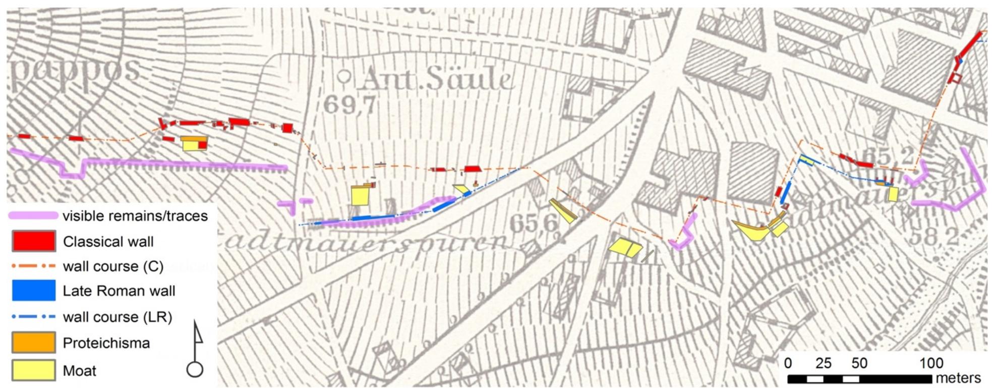 Figure 13. Detail from sheet | in Karten von Attika [Curtius and Kaupert 1881] with visible wall remains at the
time collated with excavated wall features.

