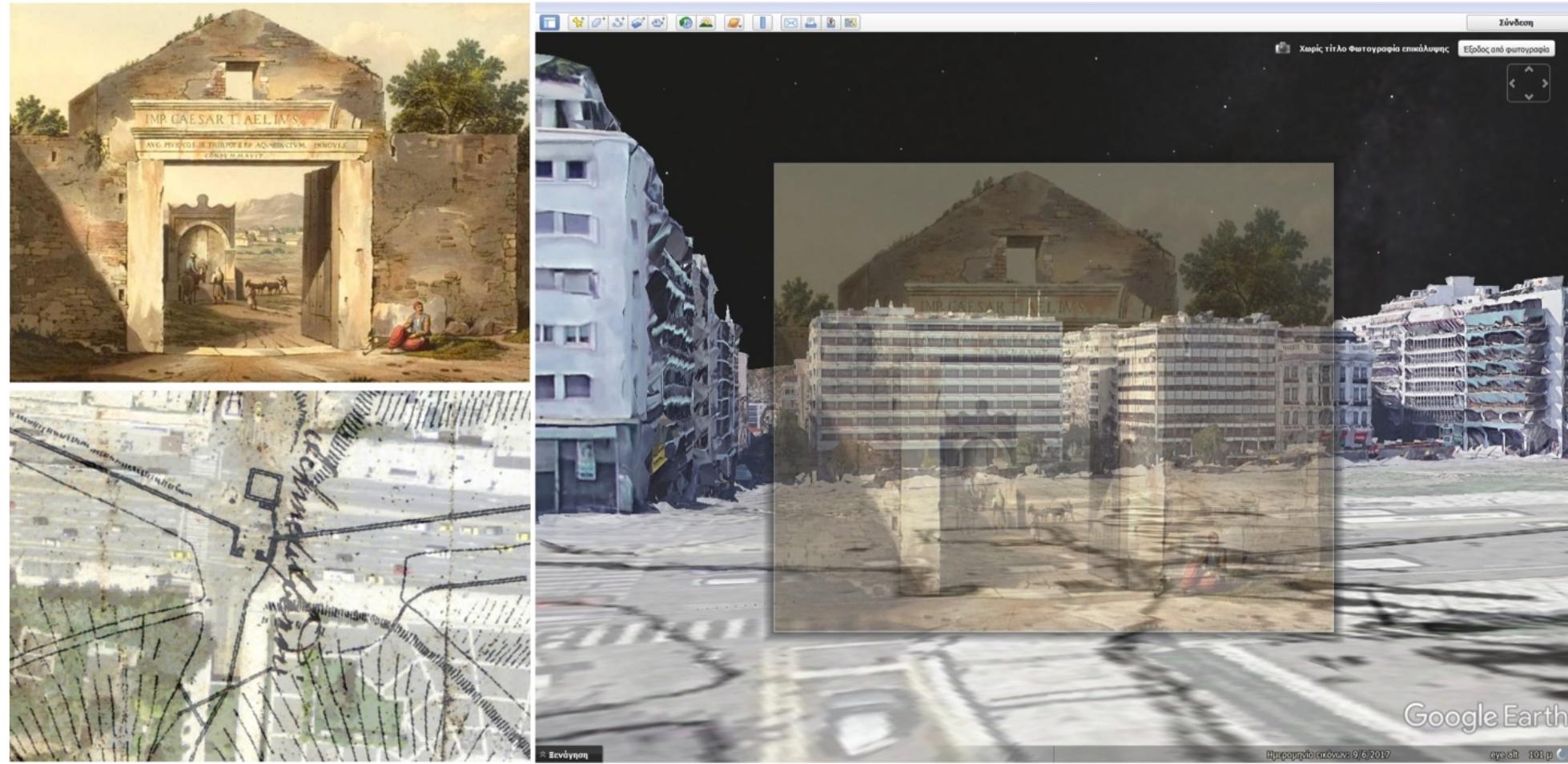 Another exciting opportunity relates to the positioning of historical photographs and/or past
representations of lost fortification remains onto the modern city layout. Correlating points on
historical photographs with their counterparts on georeferenced historical maps of the same period
makes possible the orientation and positioning in space of the original images. Positioned images
can be projected onto Google Earth street map view to create a combined multi-temporal view
[Tsioukas et al 2015]. The idea to combine maps and imagery can be extended to earlier graphical
representations, so that the location of the remains depicted in an artwork are approximated (Fig.
14). The procedure could open up further possibilities to extract metric information of lost
architectural features.
 Figure 14. Illustration of the “Gate of Mesogeia’” of the Haseki Wall, by E. Dodwell (1805) (at top left). The gate
is located on the georeferenced map by Kleanthis and Schaubert (1831-32) [Korres 2010] (at bottom left),
allowing for its approximate positioning on Amalias Ave. (Syntagma Sq.) in Google Earth Streetview (at right).

