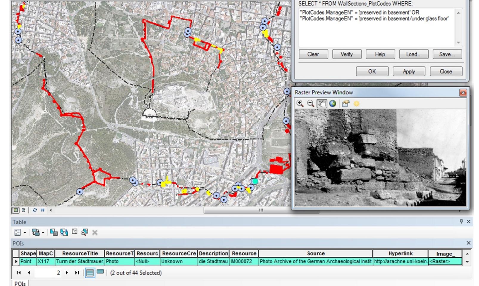 Figure 15. Example of fortification evidence showing locations with surviving wall remains. Different wall
courses are shown as black dotted lines. Archaeological remains are indicated as polygons and POIs as points.
Query results show areas with surviving evidence in residential basements (in yellow). Selection of PO! (in light
blue) in the vicinity opens up the source record and archival image (shown in thumbnail — Photo Archive of the
German Archaeological Institute (DAI-Athens), neg. D-DAI-ATH-Athen Bauten 398).
