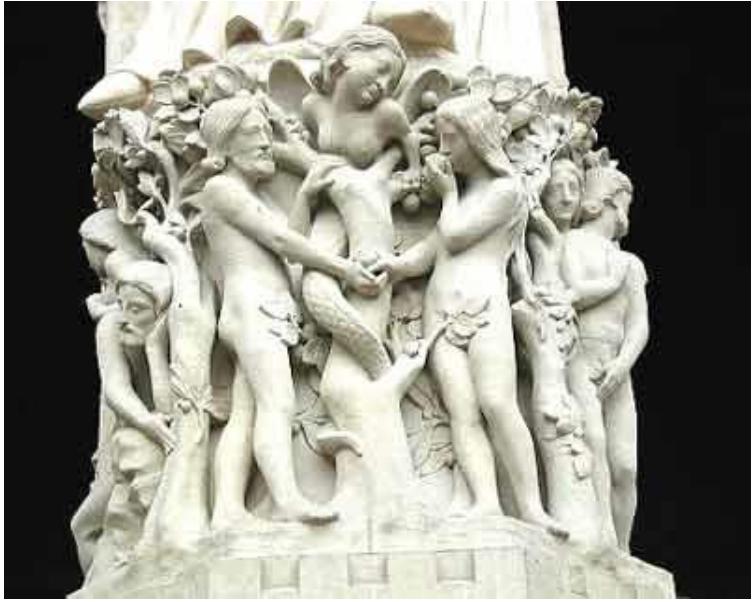 Koltuv discusses similar images of Lilith which appear during the Renaissance. A French statue of the Virgin and Christ Child stands atop a base with a carving of a half-woman half-serpent Lilith facing Eve eating an apple (70). In a 1470 woodcut by Holzschmitt, “Lilith, crowned and winged, and with a serpent’s tail, offers the apple to Eve under the Tree of Knowledge” (Koltuv 64). An undated circular image of Lilith as the Serpent flanked by Adam and Eve holding the apple is housed in the Osterreichischen Nationalbibliothek, Vienna (64). A late fifteenth-century Flemish statue base depicts “Lilith with the face of a woman and the body of a serpent” (68). Michelangelo painted Lilith as a half-woman, half-serpent, coiled around the Tree of Knowledge Hugo van der Goes’ painting “Fall of Adam and Eve” (c. 1470) in the collection of the Kunsthistorisches Museum, Vienna. Lilith has a woman’s head and serpentine body. A circular woodcut, entitled The Temptation of Adam and Eve, shows a serpentine Lilith between the couple, both holding an apple, by Antoine Verard (c. 1500). This image of “the seductress” is housed in The Metropolitan Museum of Art (66). A “German print of Lilith as a screech owl” titled Allegory with an Owl (c. 1530) by Johann Wechtlin is in the collection the Fogg Art Museum, Harvard University. The print depicts an owl perched on a human skull “glancing at a sign which reads, ‘I dread this day.’ Lilith’s enemy, the sun, rises behind her’ (96).  Lilith, the demon, has become one with the serpent.  