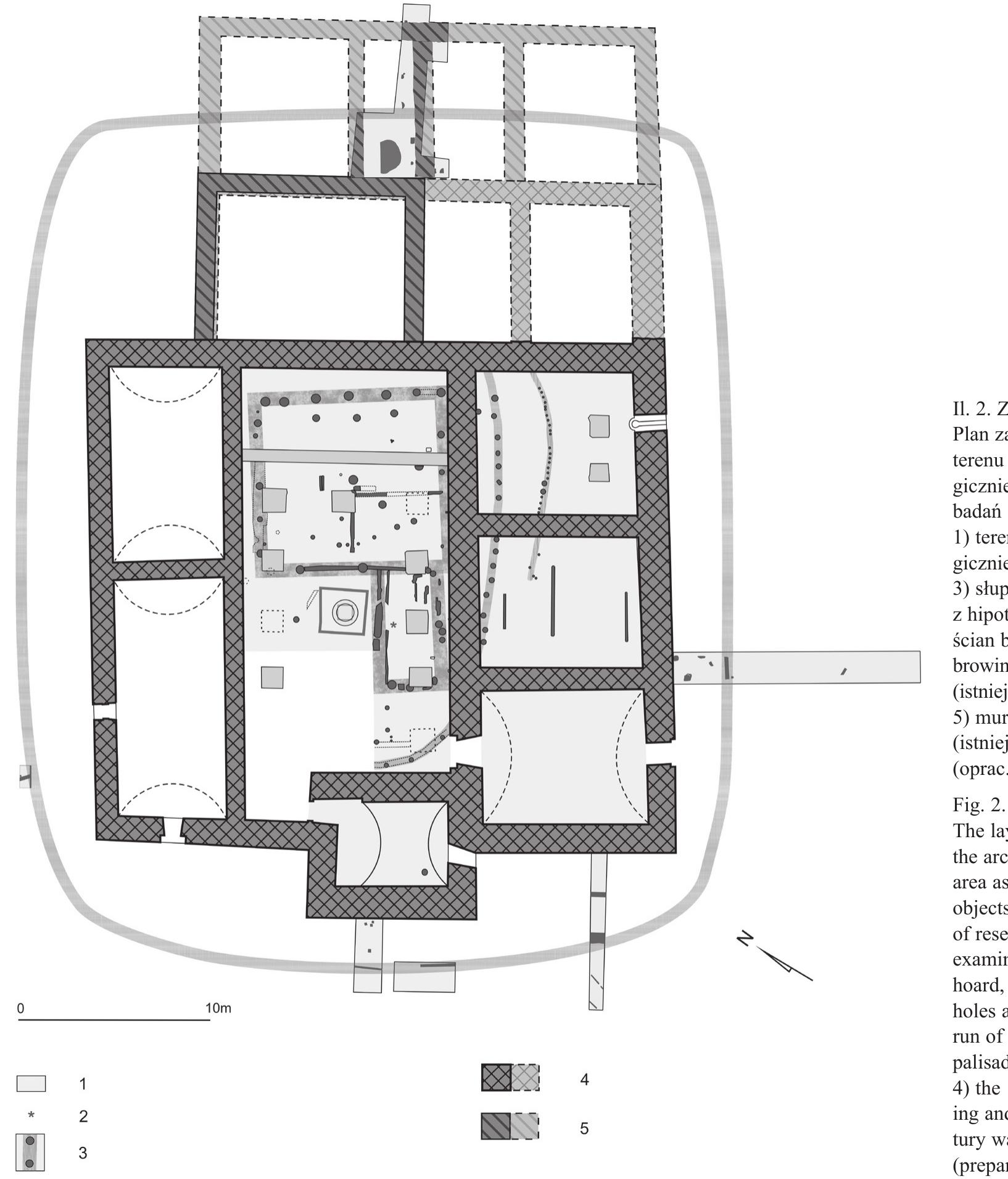 during the research), which were connected to a pole placed in the geometric centre of the foundation (Fig. 2). The wooden domicile, which was erected around the mid- dle of the 15‘ century can therefore be connected with Chudowski’s sources at that time with high probability.  pozniej — jako wlasciciel Chudowa — figurowat juz jego starszy syn Waclaw, ktory w latach 1572-1585 pojawiat sie w kolejnych dokumentach jako sedzia ziemski bytom- ski. Po Smierci Waclawa (miedzy 1587 a 1596) ostatnia wiascicielka zamku w XVI w. zostala wdowa — Agniesz- ka Gieraltowska de domo Rogoyska (prawdopodobnie zamek wchodzit w sktad jej oprawy wdowiej)!?.  