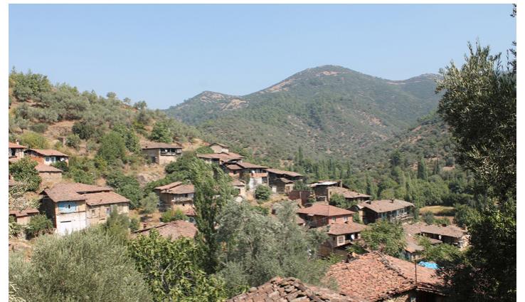 Figure 3. A view from an abandoned village because of human based other reasons: Dereuzunyer Village in Izmir, Turkey.  New public or private sector invest- ments such as small or large-scale dams built on rivers, investments in wind and solar energy, unplanned growth of settlements, improper development policies, motorway, seaway or airway investments or public works and urban development activities, are examples of other elements that threaten tradition- al rural environments (Figure 3). 