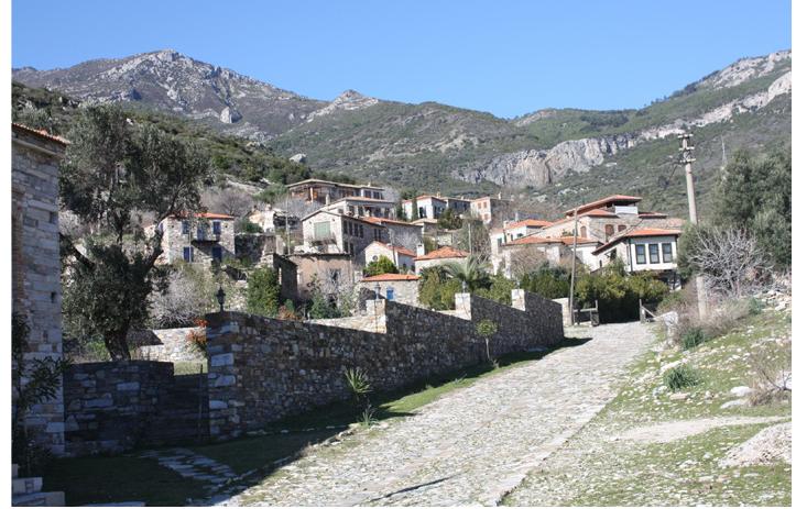 Figure 9: An instance from a_ rural settlement in which new inhabitants start  to live, Doganbey Village in Soke, Aydin, Turkey. °  ers, referred to as the neo-rural pop- ulation, bought abandoned buildings in rural settlements and transformed them according to their own desires. The refunctioning of cultural assets that have been neglected as a result of abandonment can be considered as a kind of rural gentrification by re-func- tioning by people belonging to the middle and high income groups and a transformation of the past rural fabric into a closed new living environment Dinger and Dincer, 2005: 2). In some cases, this wave of migration from cit- ies to rural areas is in the form of sec- ondary usage like weekend or holiday housing (Figure 9), while in others it leads to permanent settling.  