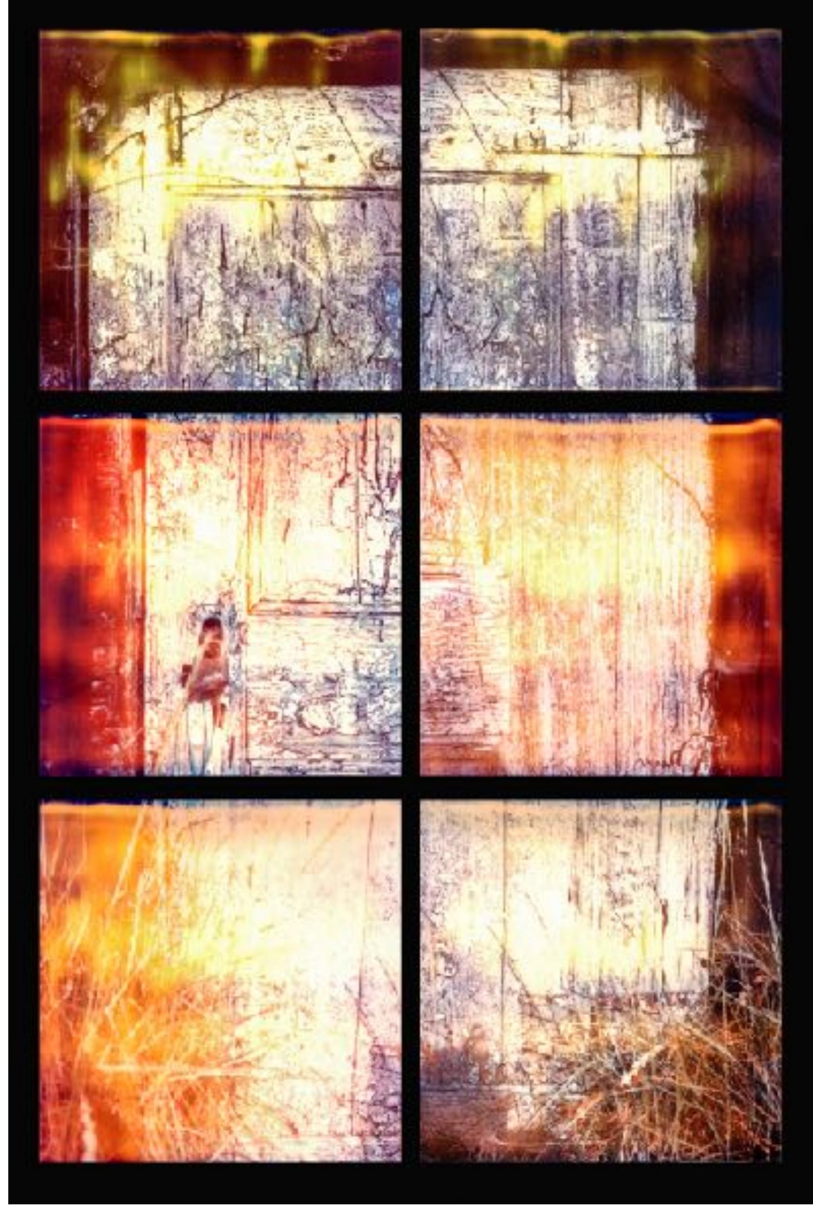 Image 18. Lindisfarne, Northumberland UK, door to a fisherman's hut on the Ouse, site of the grea Viking raid of June 793. On this spot: it happened here. Part of the chorographic series exploring “mediawork" in the documentation of site: framing, surface and materiality, resolution, and the performance of document. Outdated Polaroid film. 