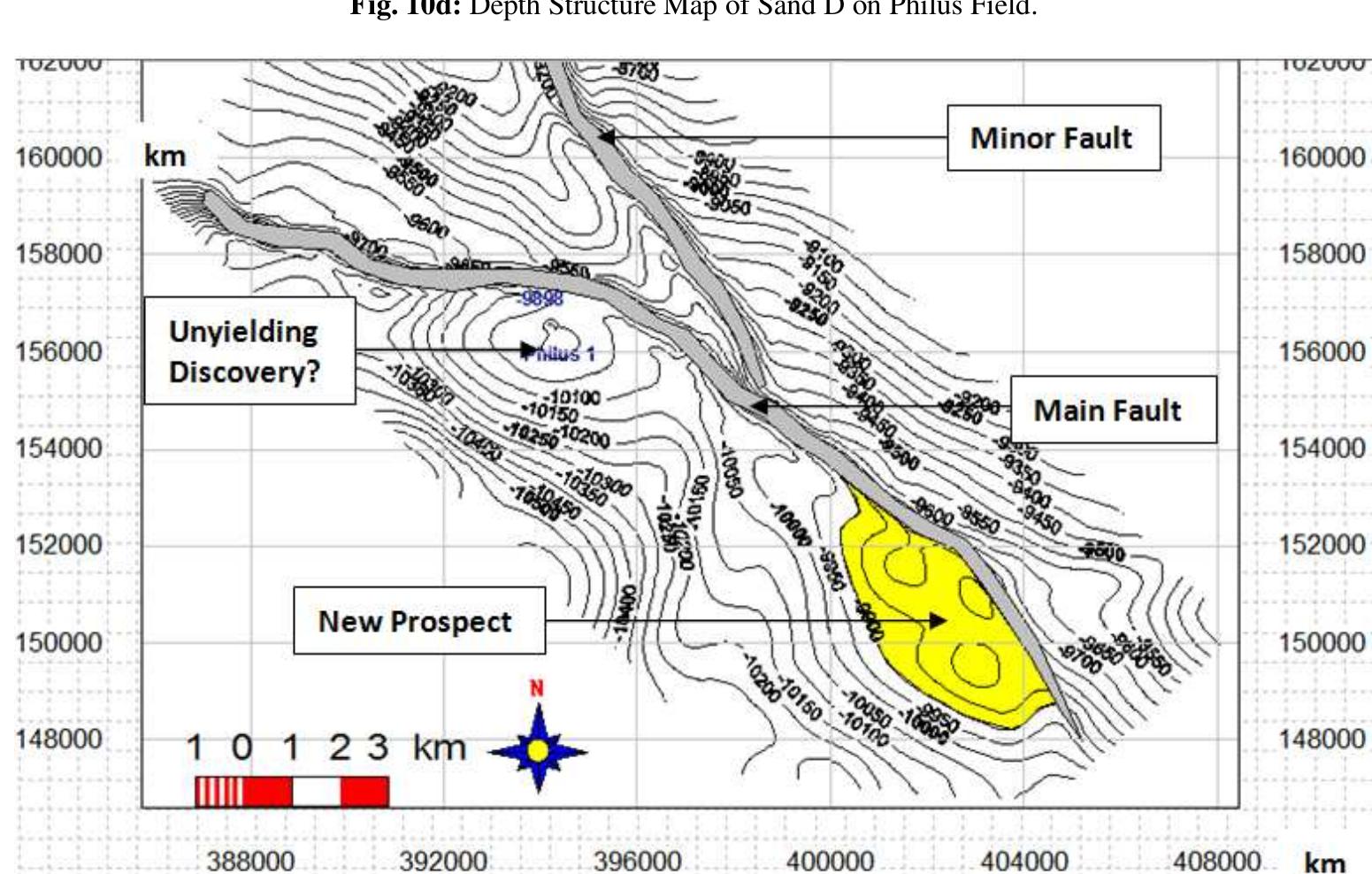 E: depth structure map of sand e on philus field.