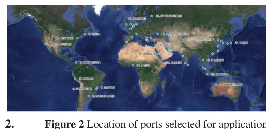 A number of 50 ports have been selected for application. The selection was based on criteria of world- wide coverage and traffic volume. The selected sites are shown in Figure 2.  It is noted that input data for 34 out of the 50 port sites will be obtained from the Global package of CMEMS, whereas for eight of them data will be served by the relevant European NW and another eight by the MED regional packages of the Copernicus platform (http://marine.copernicus.eu). 
