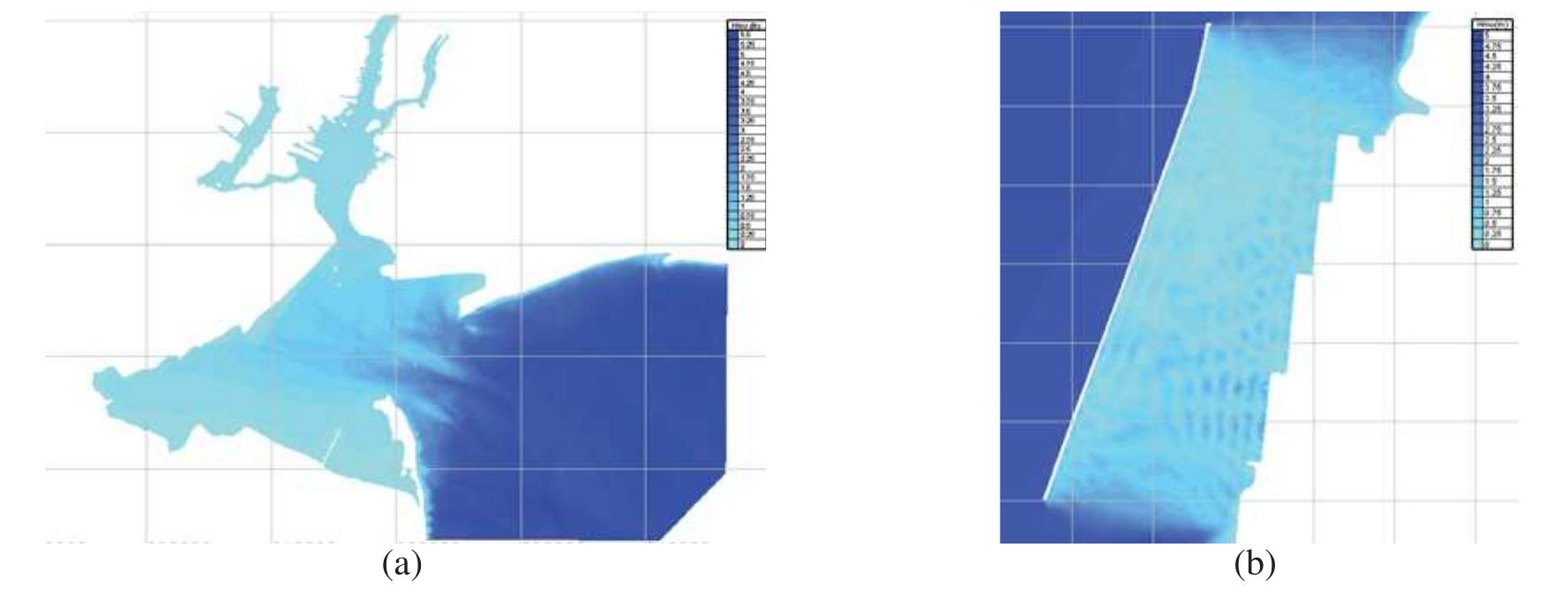 Figure 4 Spatial distribution of significant wave height (a) Model A: for SE strong winds, NY port approaches, USA (b) Model B: inside the new Patras port, Greece, for strong NW winds  Japan with (a) SW light winds (b) NE light winds 