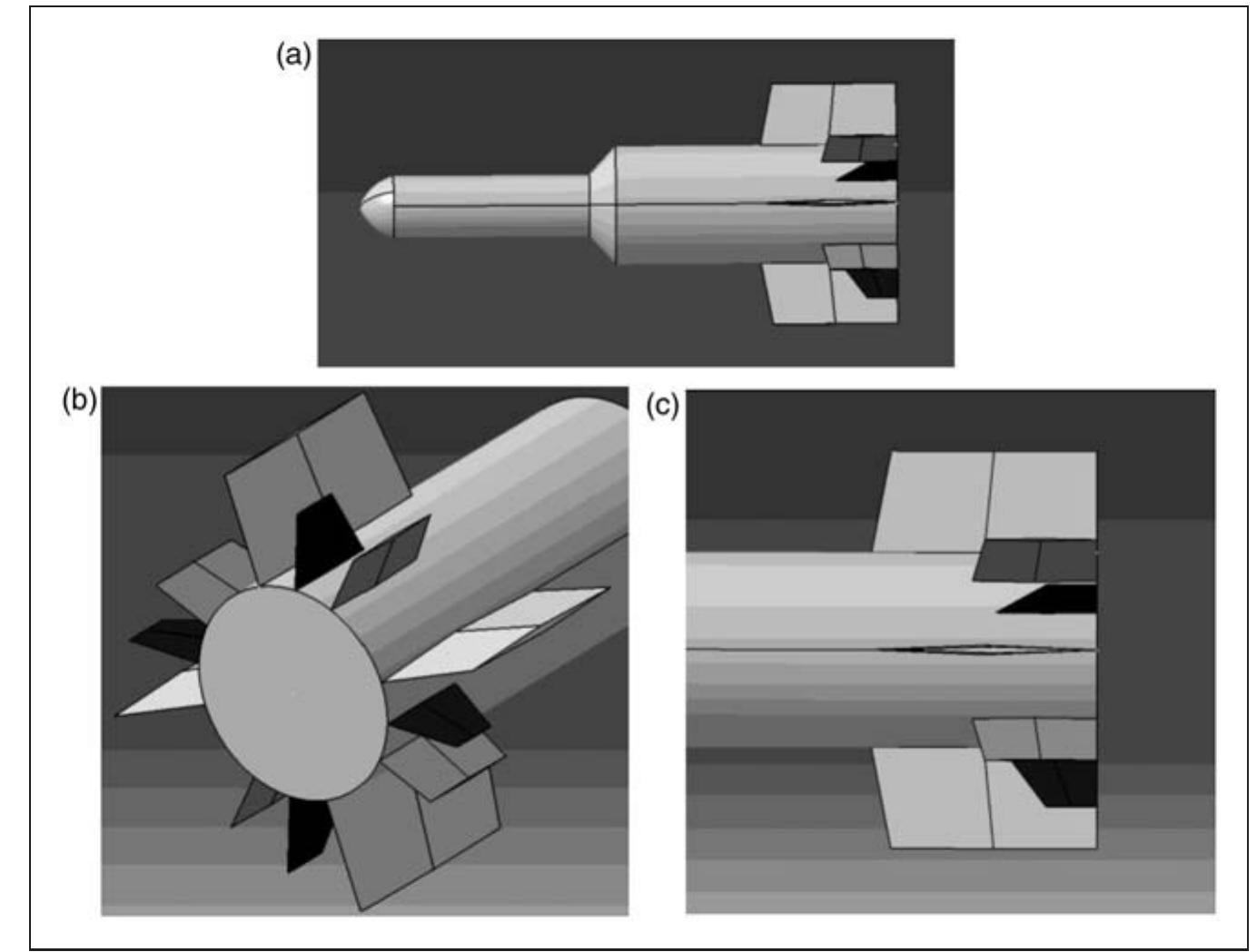 Figure 5. 2D and 3D shapes of the stabilizer cases: (a) STS configuration, (b) 3D graph of fins, and (c) 2D graph of fins. STS: space transportation system. 