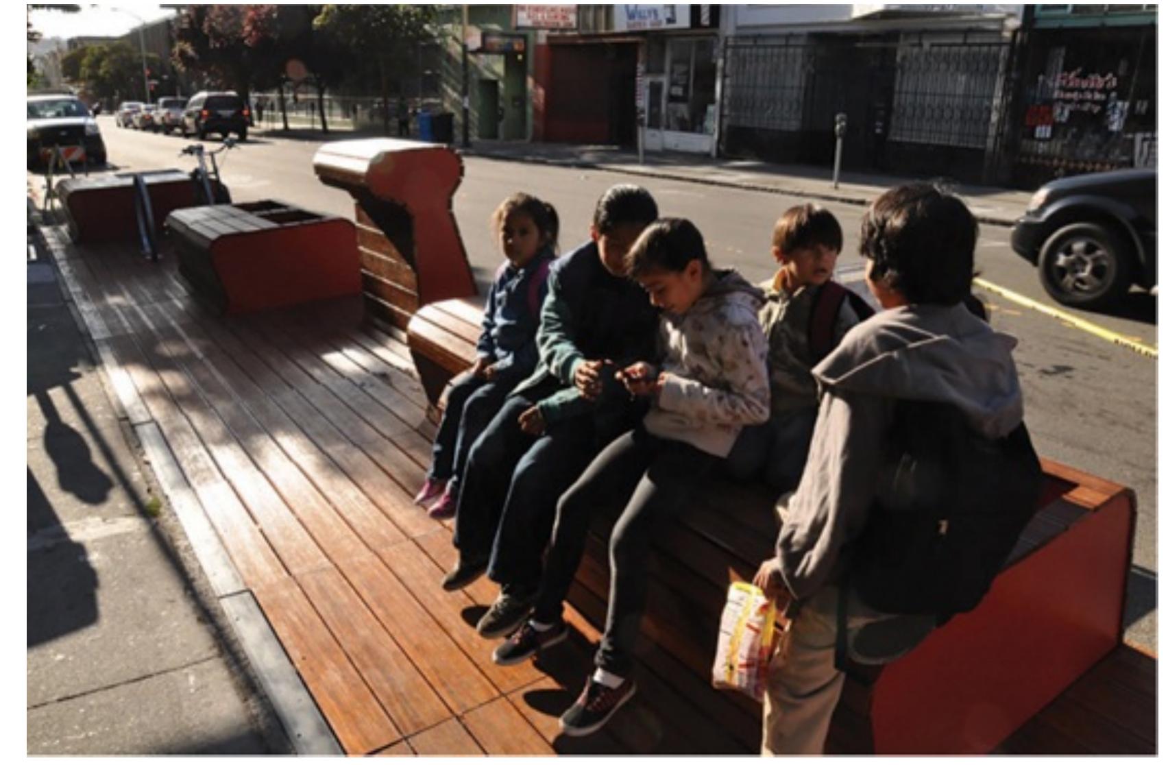 Figure 10.2  successfully adopted by civic entities in several cities. Beginning in 2008 the New York City Department of Transportation closed two of Broadway’s four lanes between Herald Square and Times Square and installed a series of ad hoc pedestrian plazas made from green gravel glued to the road surface, furnished with plastic planters and lawn chairs (Sadik-Khan, 2015). The project attempted to solve the conflict between huge crowds and fast-moving cars by  reducing traffic and offering tired tourists a place to sit. Set up for a trial period, the temporary plazas served as full-scale tests whose effects could be measured and modified. Snghetta is now realizing the Times Square portion of the project in permanent form, replacing the lawn chairs with elegant granite benches. Complementing the glowing LED facades of surrounding buildings, the two-toned custom-paved ground surface is embedded with nickel-sized steel discs, activating the horizontal plane by capturing and scattering reflected light. A visual fold in the continuous ground surface, the benches provide pedestrians an opportunity to stop and admire their spectacular surroundings. 