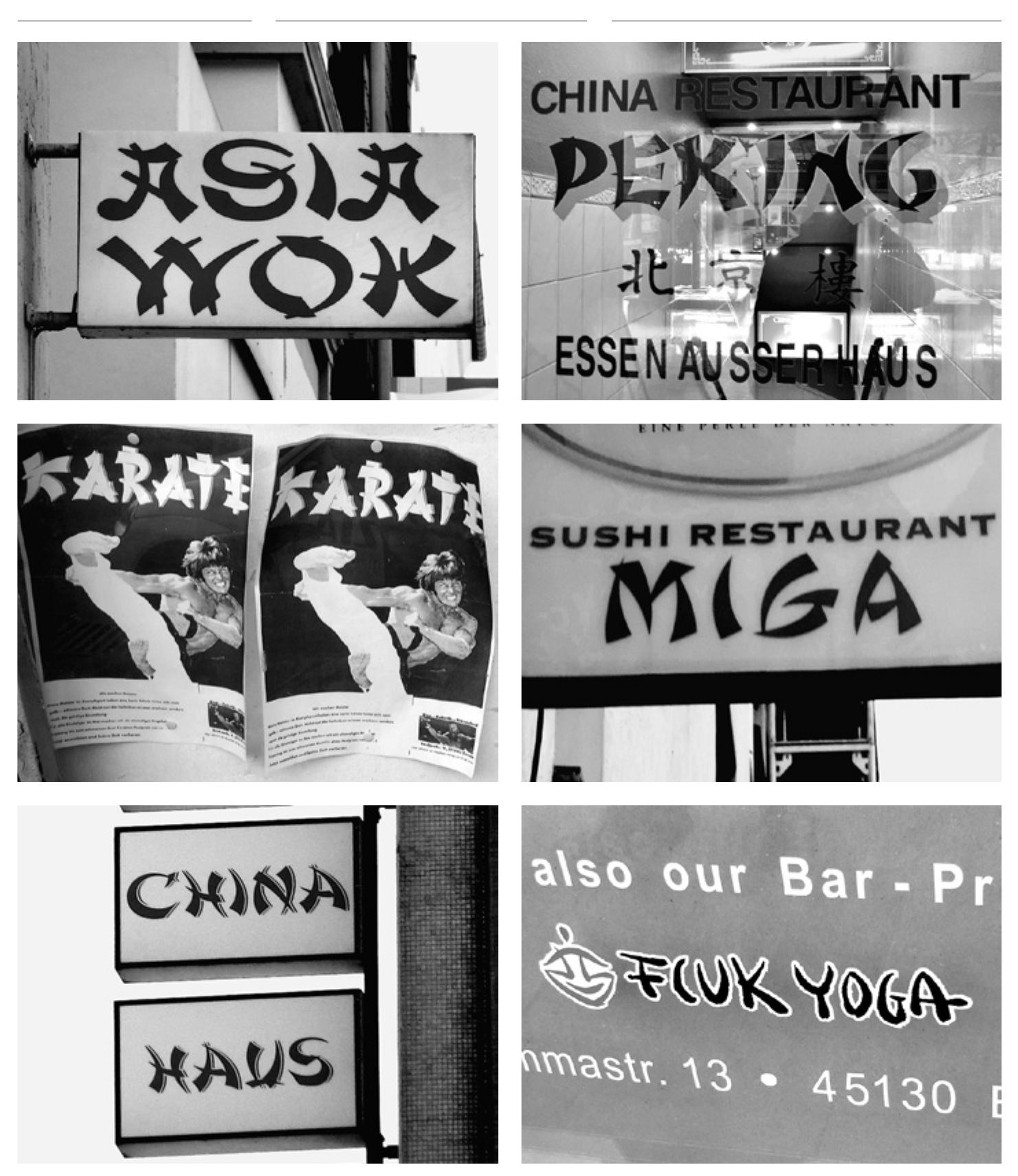 5-10 Chop Suey typefaces in the Signs of the Metropolises corpus (top left to bottom right: SMC images 120, 14314, 18226, 24501, 26866, 26314)  invention and ‘neither the food nor the fonts bear any real relation to true Chinese cuisine or calligraphy’ (Shaw 2008, 110).” It might have been a famous and widely distributed poster, A Trip to Chinatown designed by William Nicholson and James Pryde in 1899 (Fig. 12), that helped the Mandarin and other so-called Chop Suey fonts to their fame (Shaw 2008, 110).?% 