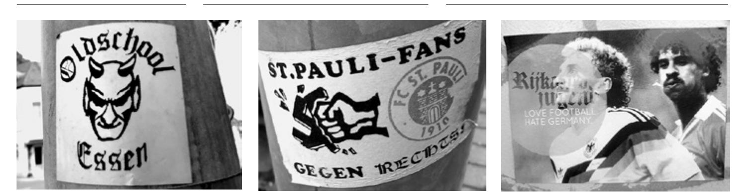 27 Sticker supporting a local soccer team in the Signs of the Metropolises corpus (SMC images 21359), 28 Anti-fascist soccer team sticker (SMC 5830), 29 Love football hate Germany sticker (SMC 7773) 