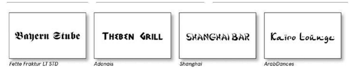 30 Stroop-test card design, restaurant name cards, shape and content non-conflicting, regional connotec typefaces (left to right: Fette Fraktur LT STD, Adonais, Shanghai, ArabDances) 