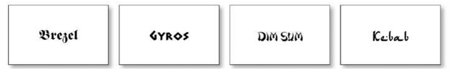 34 Stroop-test card design, dish name cards, shape and content non-conflicting, regional connoted type faces 