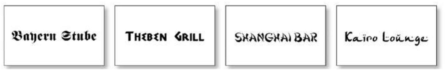 33 Stroop-test card design, restaurant name cards, shape and content non-conflicting, regional connoted typefaces 