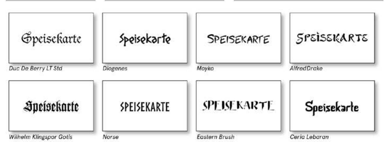 35 Stroop-test card design, neutral word cards ‘Speisekarte’ (menu), shape and content non-conflicting regional connoted typefaces 