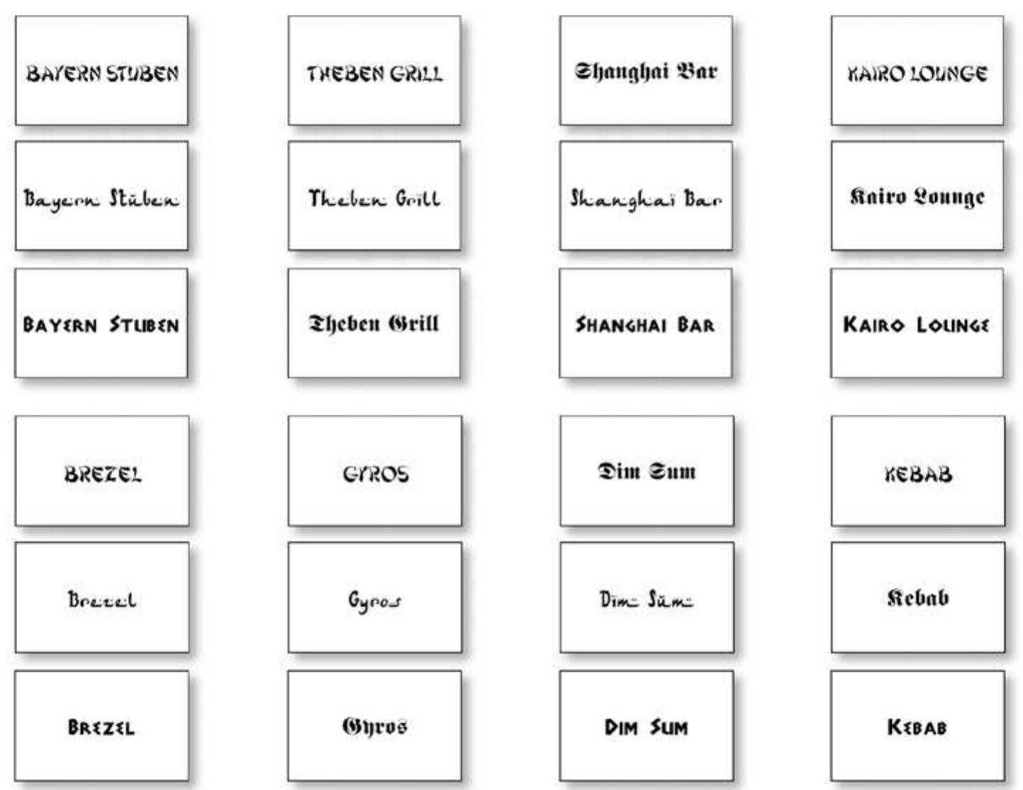 36 Stroop-test card design, 24 cards with restaurant names and dishes, shape and content conflicting. regional-connoted typefaces 