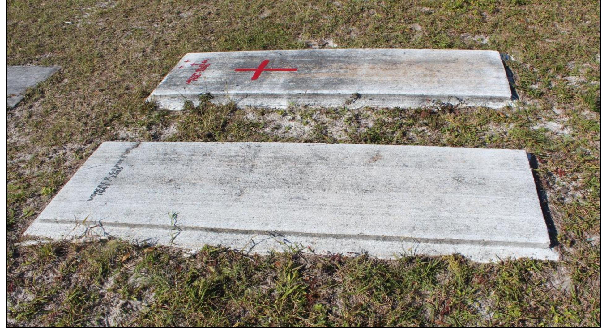 Figure 1: In-ground vaults at Pine Grove Cemetery in Ft. Pierce, FL. Note the names and dates hand painted on the gravemarkers. Such information rapidly weathers away. 