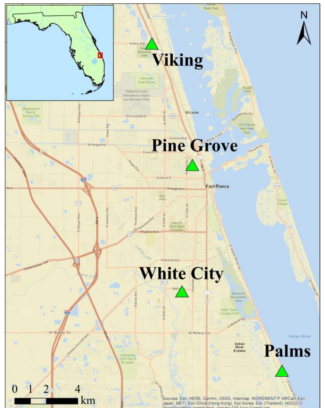 Figure 2: Map of the four cemeteries where gravemarker recording has taken place as part of an IRSC service learning course. 