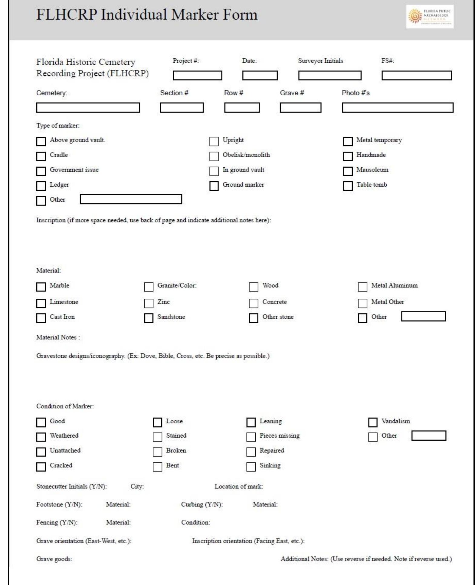 Figure 4: Blank recording form filled out for each gravemarker. 