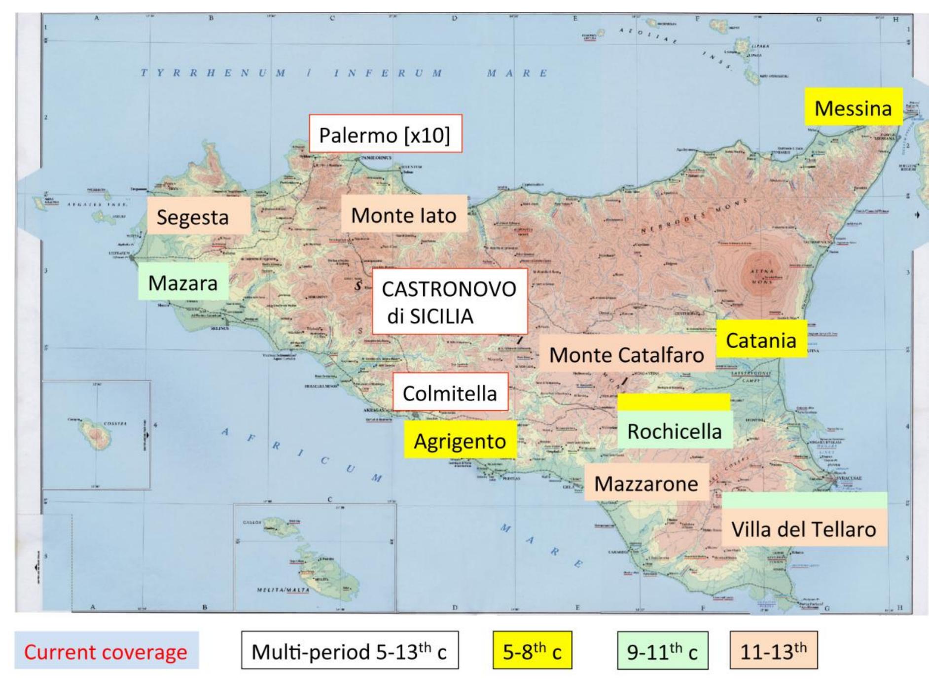 Fig. 1. Sources for the Sictransit project, 2018, with sites for sampling colour-coded by period.  Carver — A. Molinari — V. Aniceti — C. Capelli — F. Colangeli — L. Drieu — G. Fiorentino — F. Giovannini - M. Hummer — J. Lundy — A. Meo — A mnereau — P. Orecchioni — M. Primavera — A. Ughi e SICILY IN TRANSITION — New research on early medieval Sicily, 2017-2018 