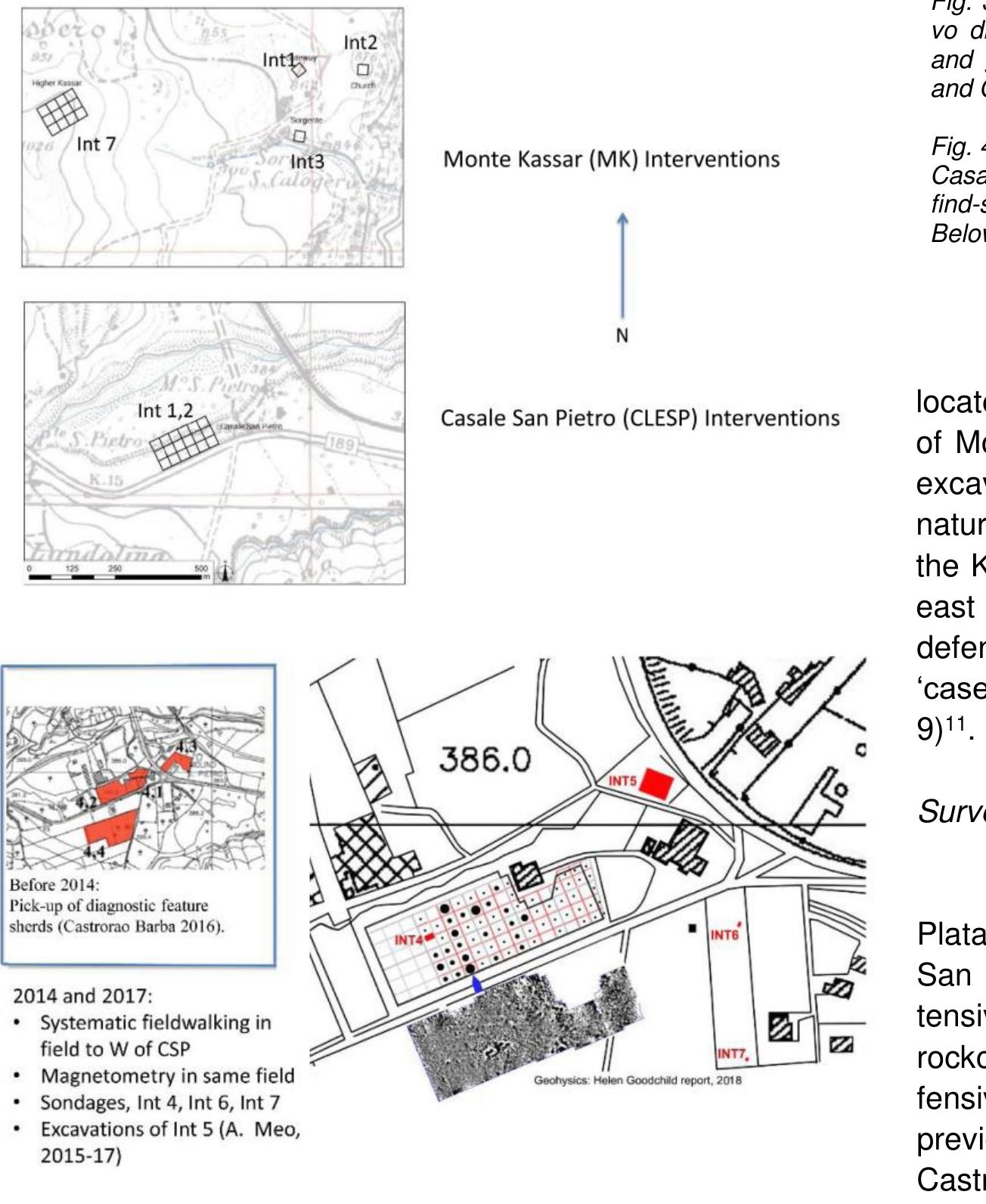 The Sictransit project set out to apply intensive remote mapping to the whole of this area, beginning in 2014 with a magnetometer and surface survey carried out in a field immediately west of Casale San Pietro (CLESP Int. 1, 2) (Fig. 3)'*. Trial excavations to the west and south of the actual Casale San Pietro made con- tact with an extensive Byzantine settlement, much reduced by deep ploughing, but revealing two children’s stone-lined tombs to the west (Int. 4) and the foundations of mortared stone walls to the south (Int. 6). Trial ex- cavation to the north of Casale San Pietro located a well-preserved stratified sequence between the 3"¢ and 13th centuries AD, the excavation of which is ongoing (Int. 5, see Meo, below) (Fig. 4).  A large positive (highly magnetic) anomaly was located towards the centre of the field, with two smaller   Carver — A. Molinari — V. Aniceti — C. Capelli — F. Colangeli — L. Drieu — G. Fiorentino — F. Giovannini - M. Hummler — J. Lundy — A. Meo — / nnereau — P. Orecchioni — M. Primavera — A. Ughi e SICILY IN TRANSITION — New research on early medieval Sicily, 2017-2018  A large positive (highly magnetic) anomaly was located towards the centre of the field, with two smaller patches of high magnetism to the east of this patch, with similar characteristics (Fig. 5). The area also featured a series of linear trends, forming a rectilinear pattern across the western half of the field. Dipolar responses re- flect the modern fencing, as well as the concrete platform of the building that obstructed the north-eastern part  of the field’5. 
