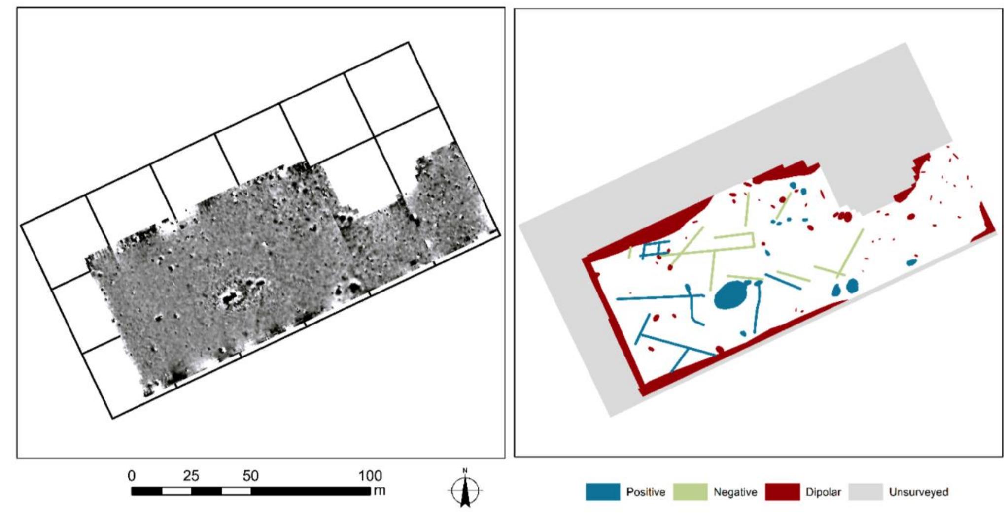 Fig. 5. Magnetometer survey and interpretation of CLESP Int. 1 by Helen Goodchild (2014). The positive signals imply pits, ditches or high- ly magnetic burnt deposits. The negative signals imply walls (ie archaeologically positive features).  Carver — A. Molinari — V. Aniceti — C. Capelli — F. Colangeli — L. Drieu — G. Fiorentino — F. Giovannini - M. Hummer — J. Lundy — A. Meo — 4 mereau — P. Orecchioni — M. Primavera — A. Ughi e SICILY IN TRANSITION — New research on early medieval Sicily, 2017-2018  Systematic surface collection in the same area (2014, Int. 2) gave a strong signal of occupation in the western part of the survey area and included ceramics dating to the Ar- chaic, Roman, Late Roman, early Byzantine, slamic Norman, Swabian and medieval peri- ods'® (Fig. 6). It is currently uncertain whether his reflects one or several continuing centre(s) of settlement or is a consequence of the site ormation process. The top of the Byzantine children’s graves contacted in Int. 4 (c. 0.30- 0.40 m below the field’s current surface), the height of the present San Pietro church floor c. 1.40 m above the surface of the road that lanks the Casale to the north) and the slope of he natural gravel subsoil towards the river in nt. 5 (dropping from a depth of c. 1.7m below he current ground level in the SE of Int. 5 to c.. was perched on a rise of ground which slopes a and chronological separation was already eviden  